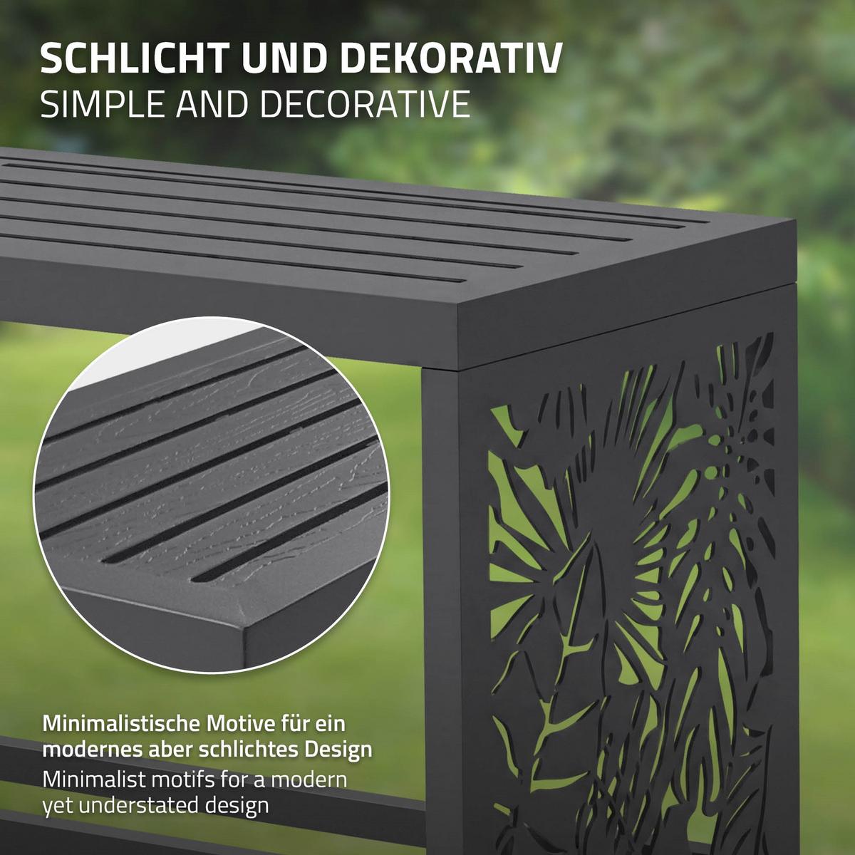 KAMINHOLZREGAL Innen/Aussen mit Sitzbank Metall Brennholzregal Anthrazit 120x38x43 cm Stahl Verzinkt Blätter-Motiv - Anthrazit, Metall (120/43/38cm) - ML-DESIGN
