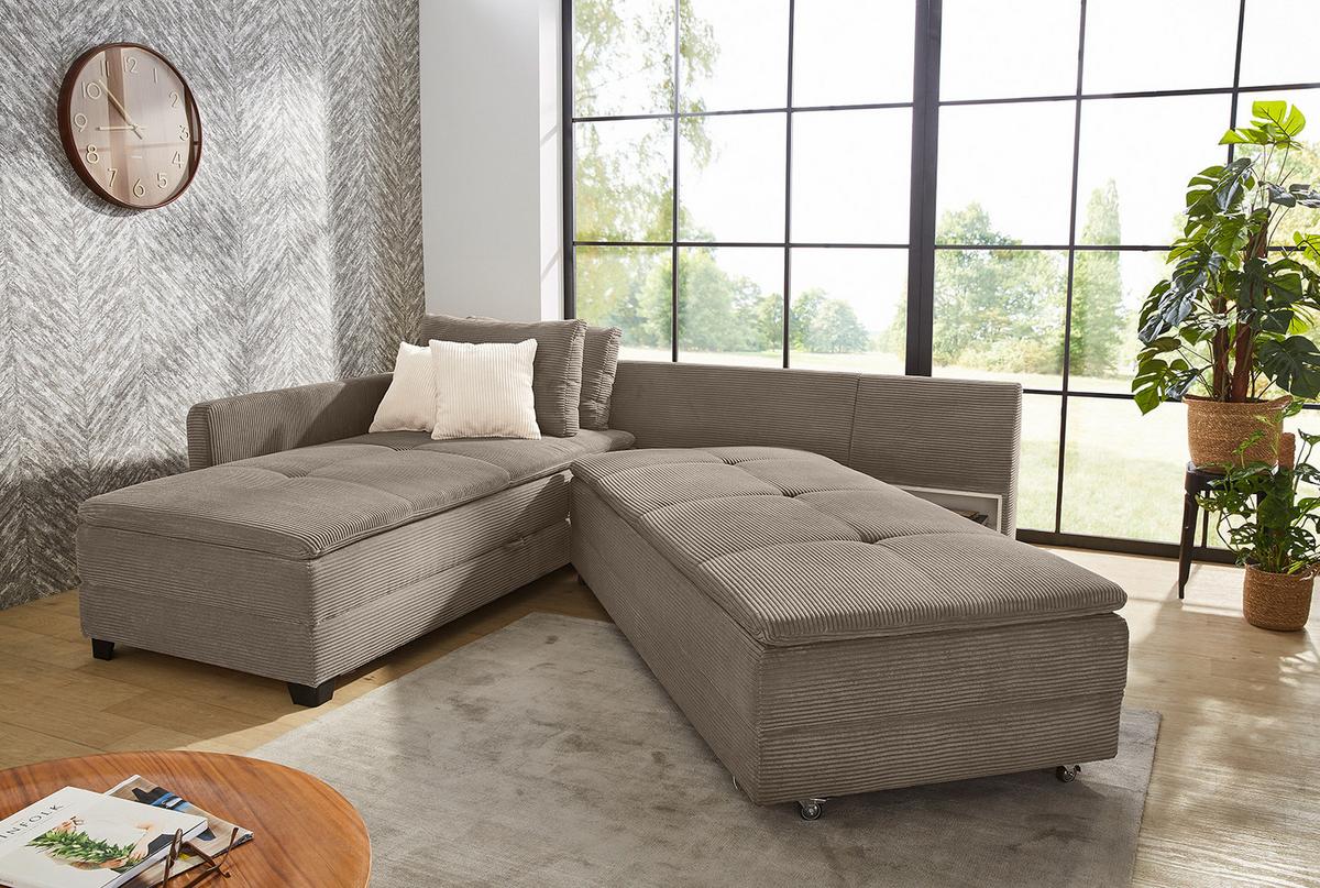 ECKSOFA-DAUERSCHLÄFER Doppelbett Boxspring Federkern Topper, seitenverkehrt montierbar B306/T223/H95 cm, Cord Braun Taupe / 15162 - Schwarz/Braun, Kunststoff/Textil (306/223cm) - luma-home