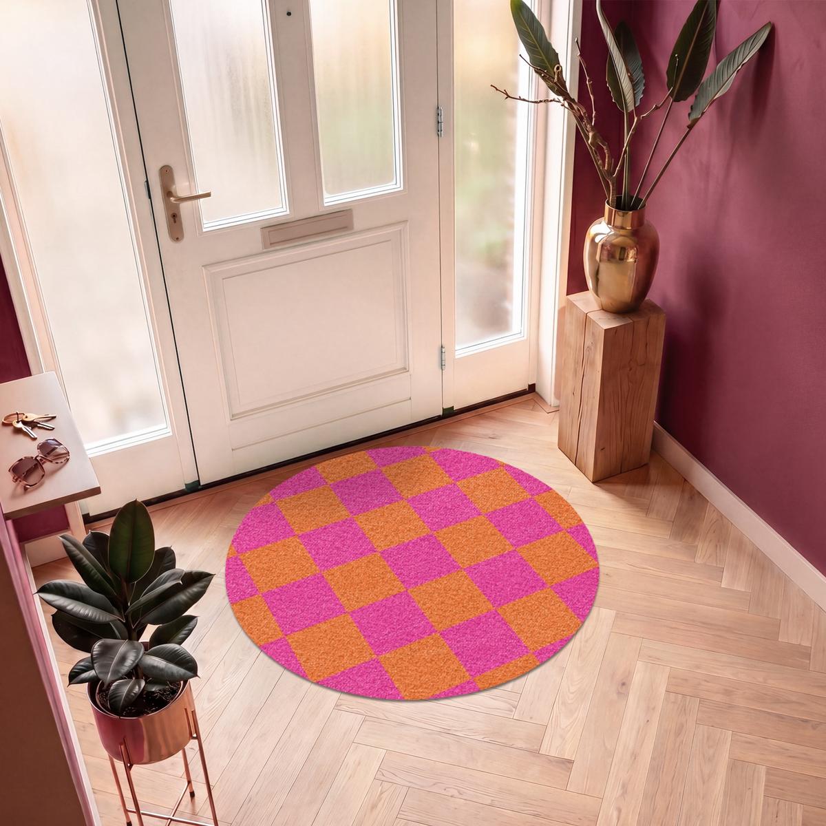 FUSSMATTE Schachbrettmuster - Orange - Rosa - Blöcke Schmutzfangmatte 120x120 cm - Pink, Kunststoff (120/0.4cm) - MuchoWow