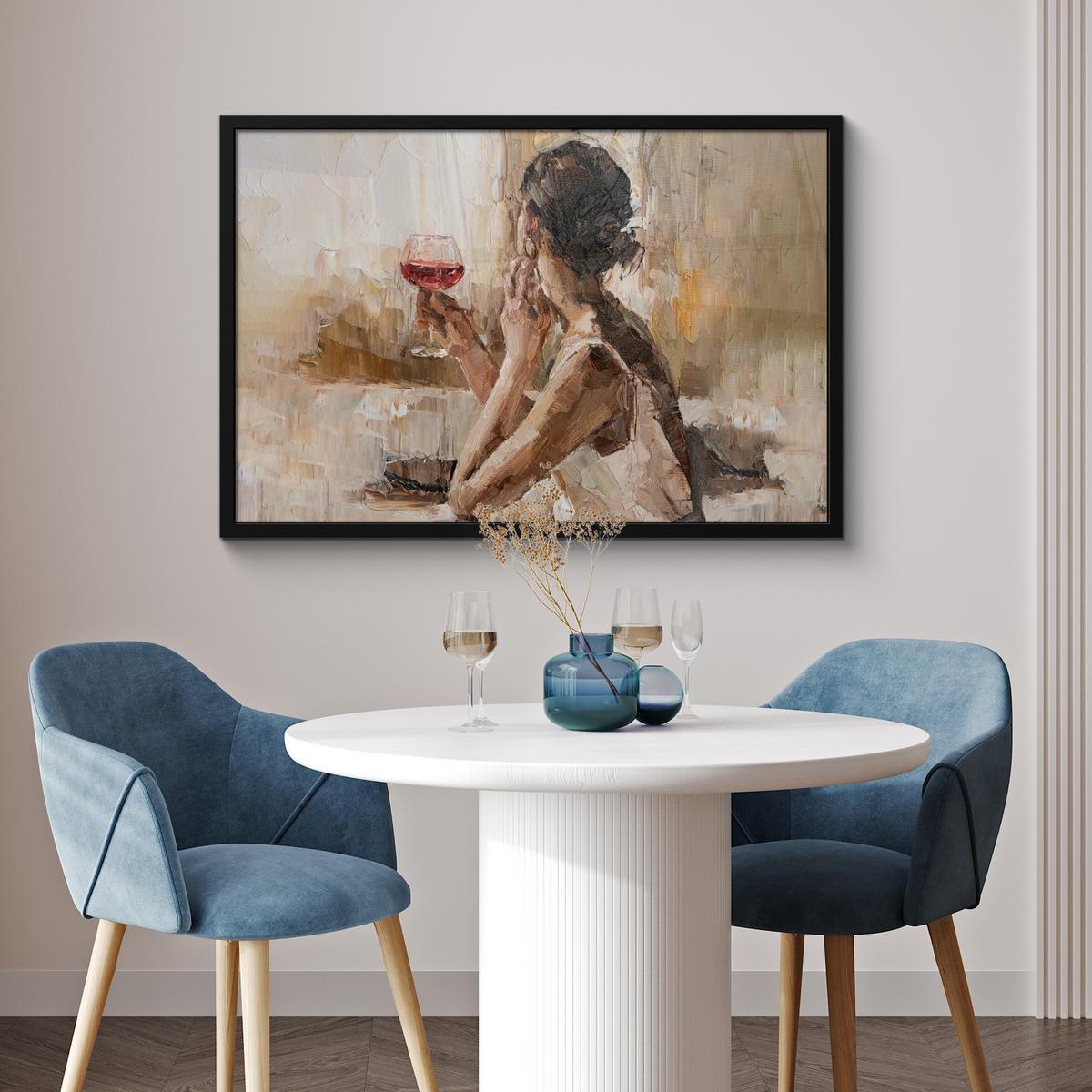 POSTER MIT RAHMENGERAHMTES BILD Ölgemälde - Frau - Wein 90x60 cm - Hellbraun, Papier (90/60cm) - MuchoWow