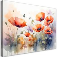 LEINWANDBILDER, Rote Mohnblumen pastellfarbener Feldblumen - Multicolor, Textil (90/60cm) - Feeby