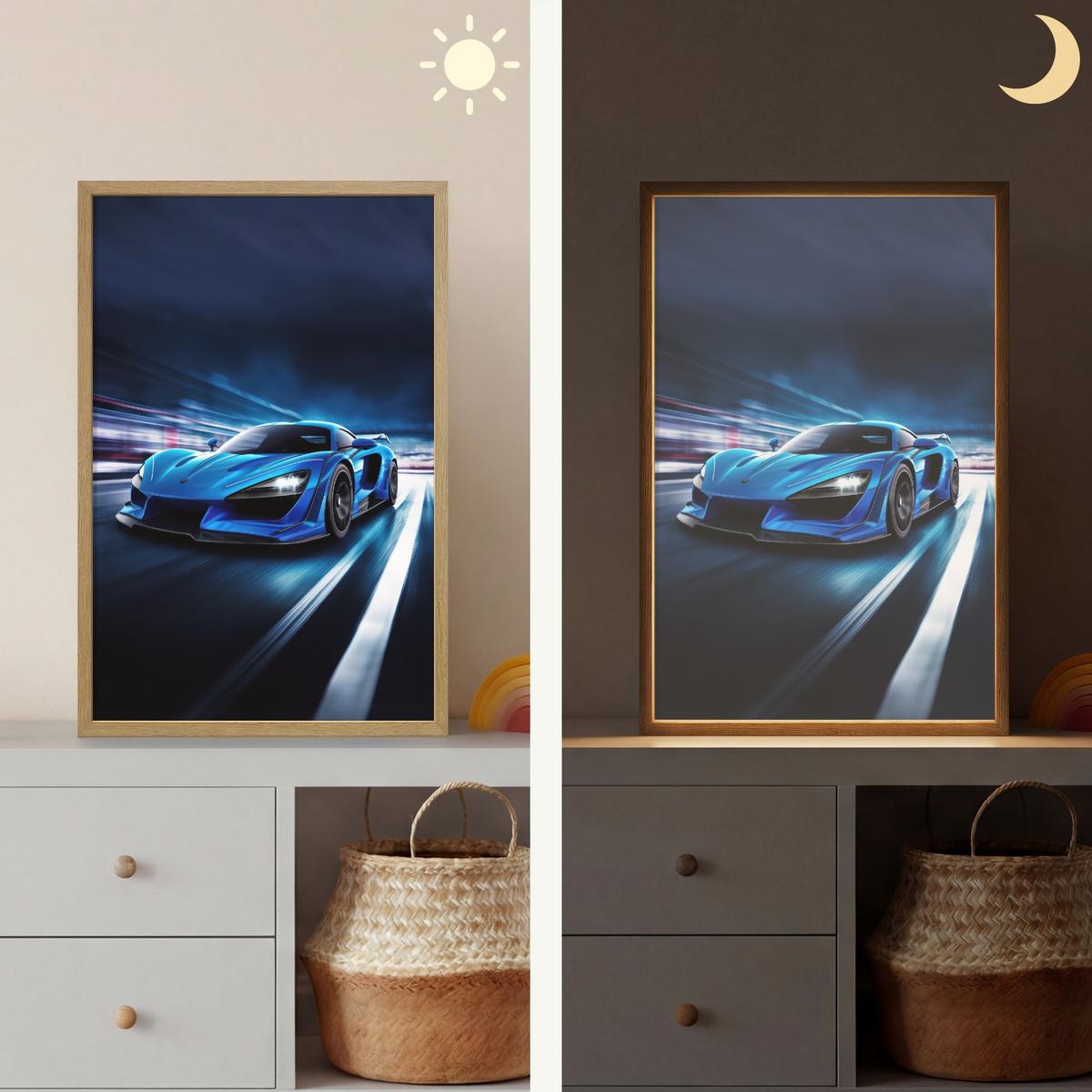 WANDLEUCHTE MIT AKKU Auto - Blau - Jungen - Kind 40x60 cm - Blau, Holzwerkstoff (40/60/8cm) - OnlyWow