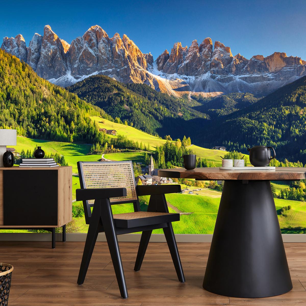 FOTOTAPETE Berge Bäume Natur Landschaft 3D 250x175 - Blau/Beige, Papier (250/175cm) - Muralo