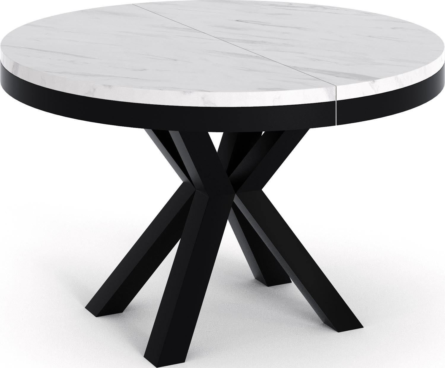 ESSTISCH Clara runder ausziehbarer, Marmor Weiß 120-200/120/76 cm - Ecru/Schwarz, Holzwerkstoff/Metall (120/200/76cm) - WFL GROUP