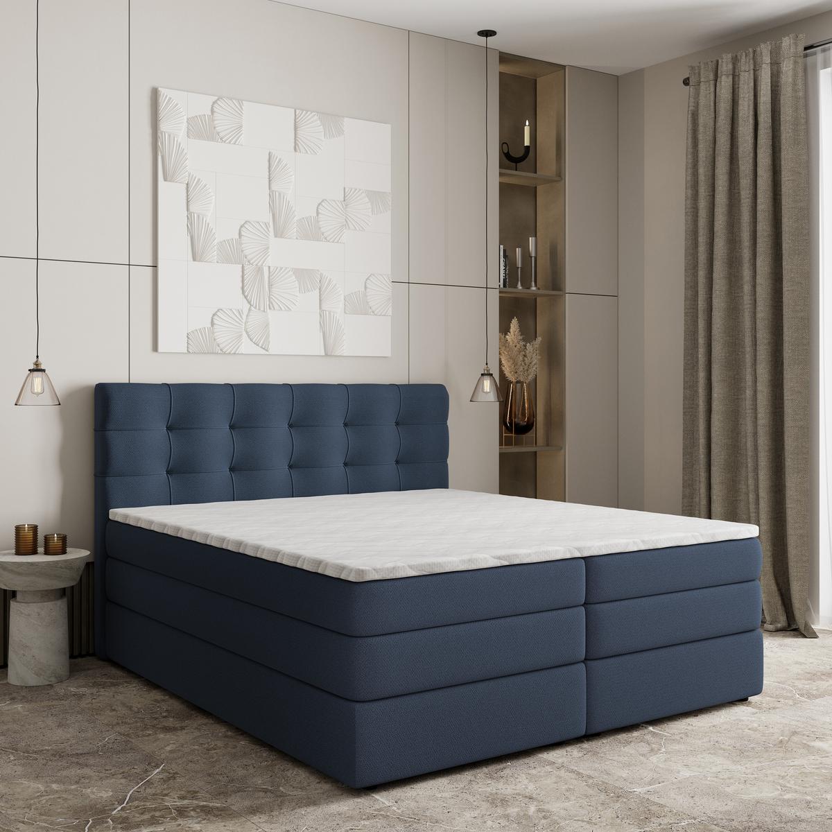 BOXSPRINGBETT AREZI 140x200 cm mit Matratze und Topper - Blau - Blau, Holz (140/200cm) - MASSENO