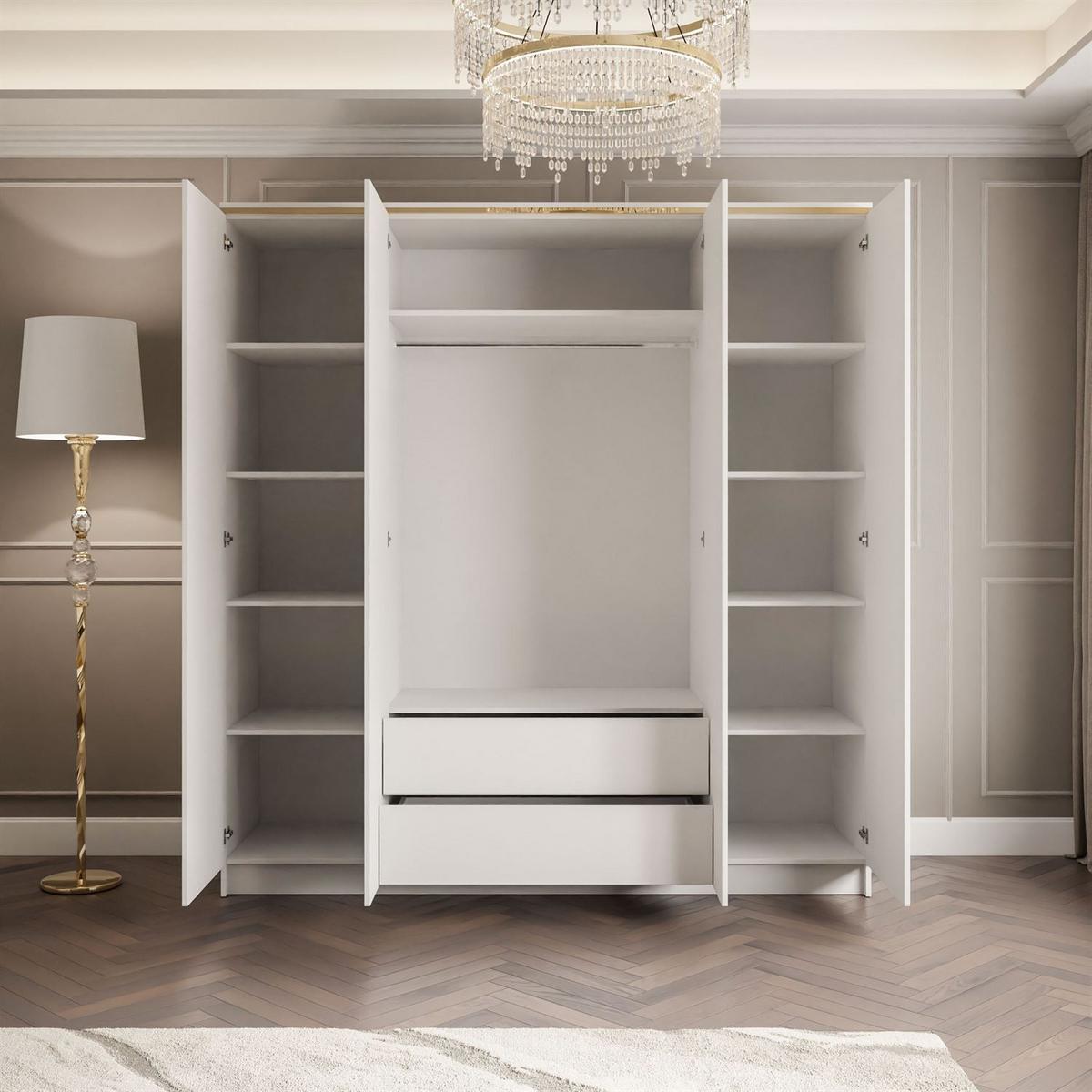 KLEIDERSCHRANK AURORA 4D - Weiß Hochglanz/Weiß, Holzwerkstoff (200/213/57cm) - Lookway
