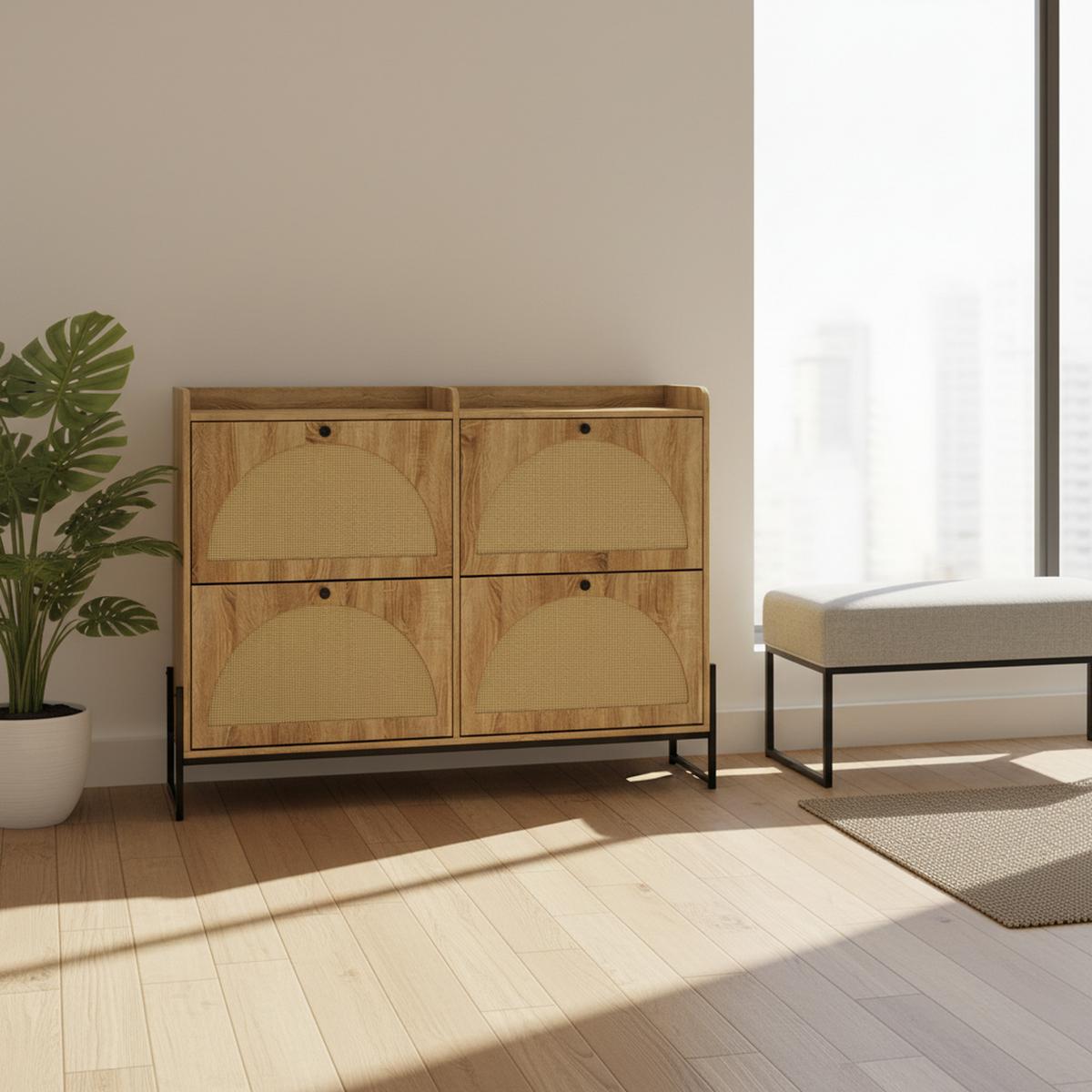 SCHUHSCHRANK mit 4 Klapptüren, Holz, Beige - Naturfarben, Textil (118/91.5/25cm) - Urban Meuble