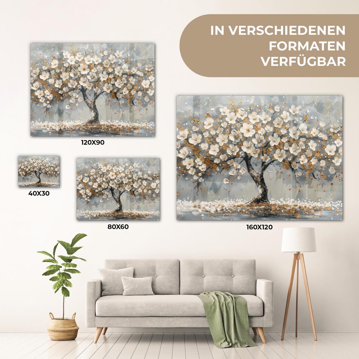ACRYLGLASBILD Baum - Blumen - Weiß - Natur - Kunst 80x60 cm - Weiß, Glas (80/60cm) - MuchoWow
