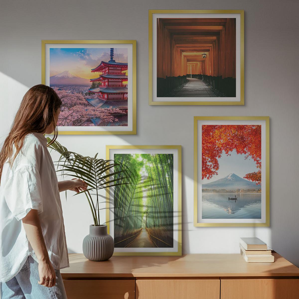 BILDER SET 4er Set - 50x50 cm & 40x60 cm Goldrahmen - Fuji-Torii-Bambuswald, Japan - Goldfarben, Kunststoff (50/50cm) - TULUP