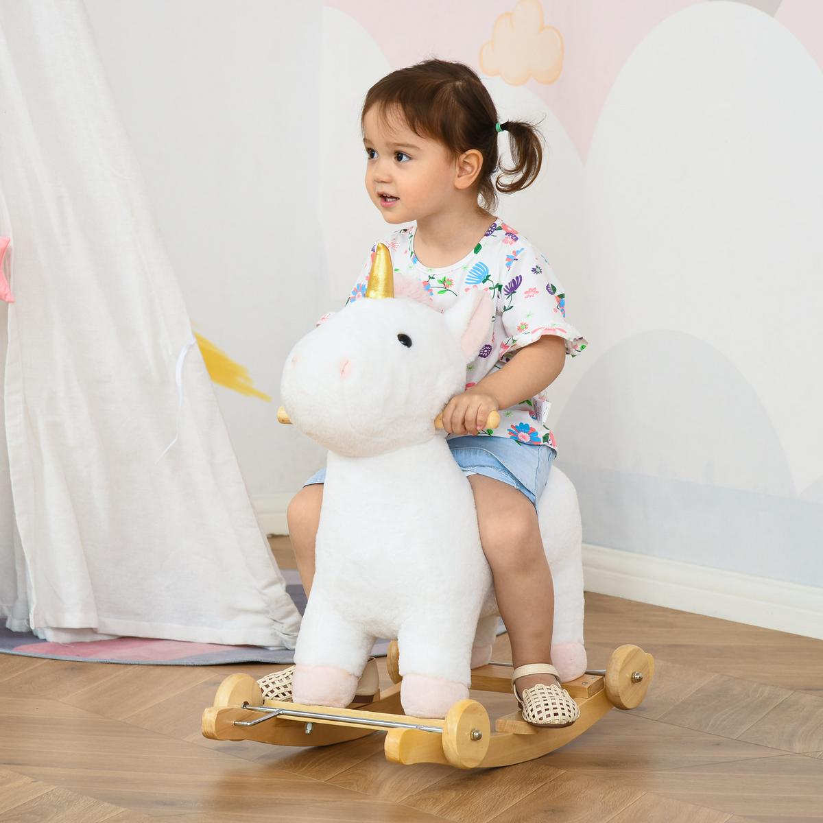 SCHAUKELPFERD 2-IN-1 Schaukeltier Babyschaukel Spielzeug Kinder Einhorn-Design - Weiß, Holz (38/63/63cm) - HOMCOM