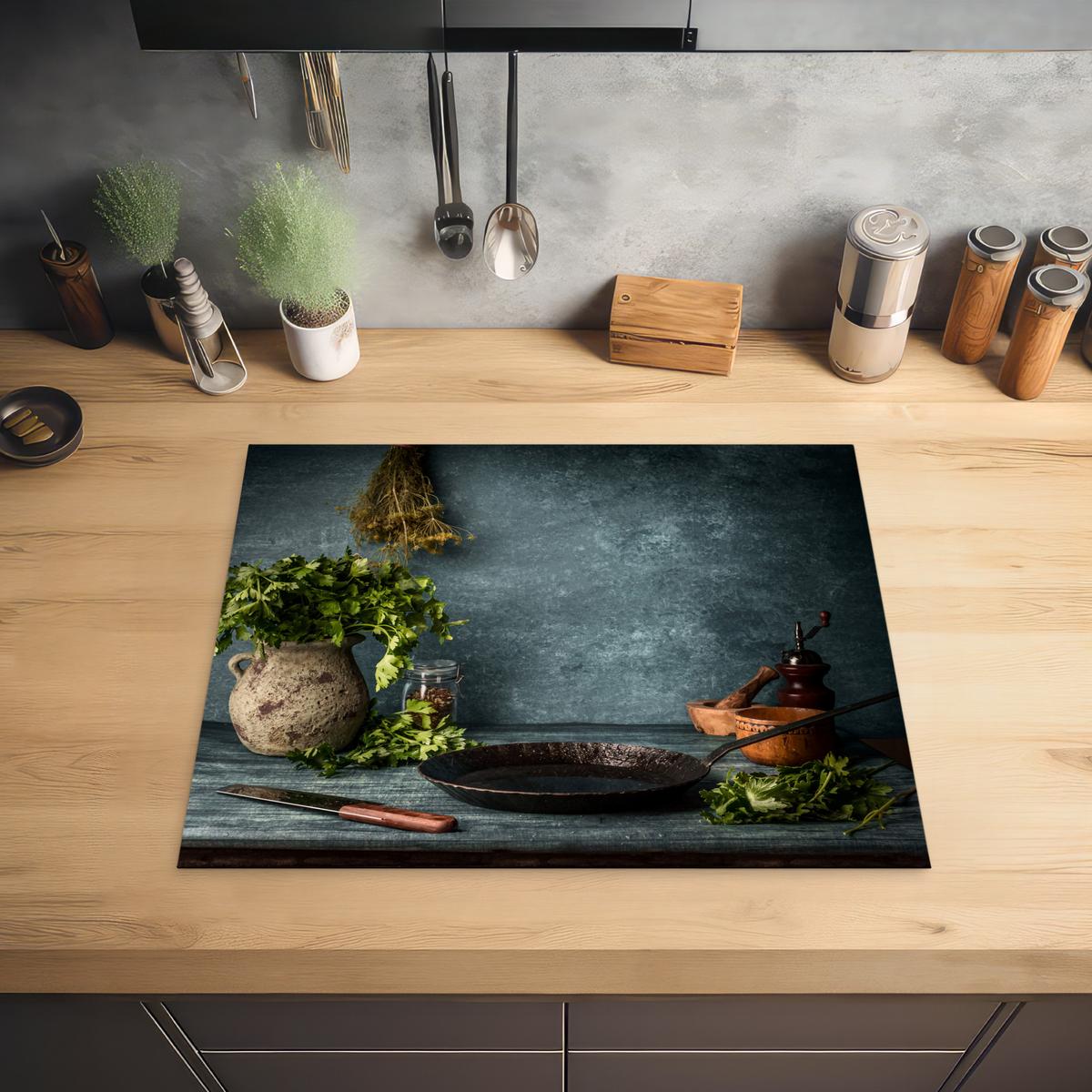 HERDABDECKPLATTE Kräuter - Gewürze - Pfanne - Messer - Grau - Rustikal Herdabdeckung Induktionsfeld 65x52 cm - Petrol, Kunststoff (65/52/0.2cm) - MuchoWow