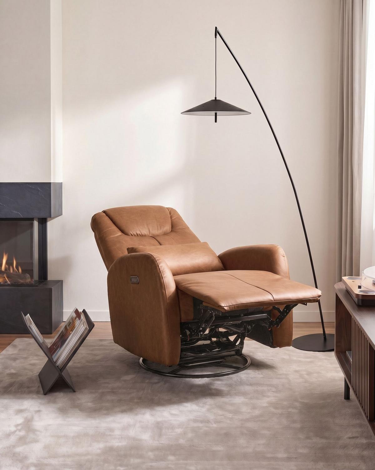 ELEKTRISCHER-SCHAUKEL-FERNSEHSESSEL drehbar mit USB-Anschluss Kunstleder Braun Kronos - Braun, Kunststoff (79/102/94cm) - Beliani
