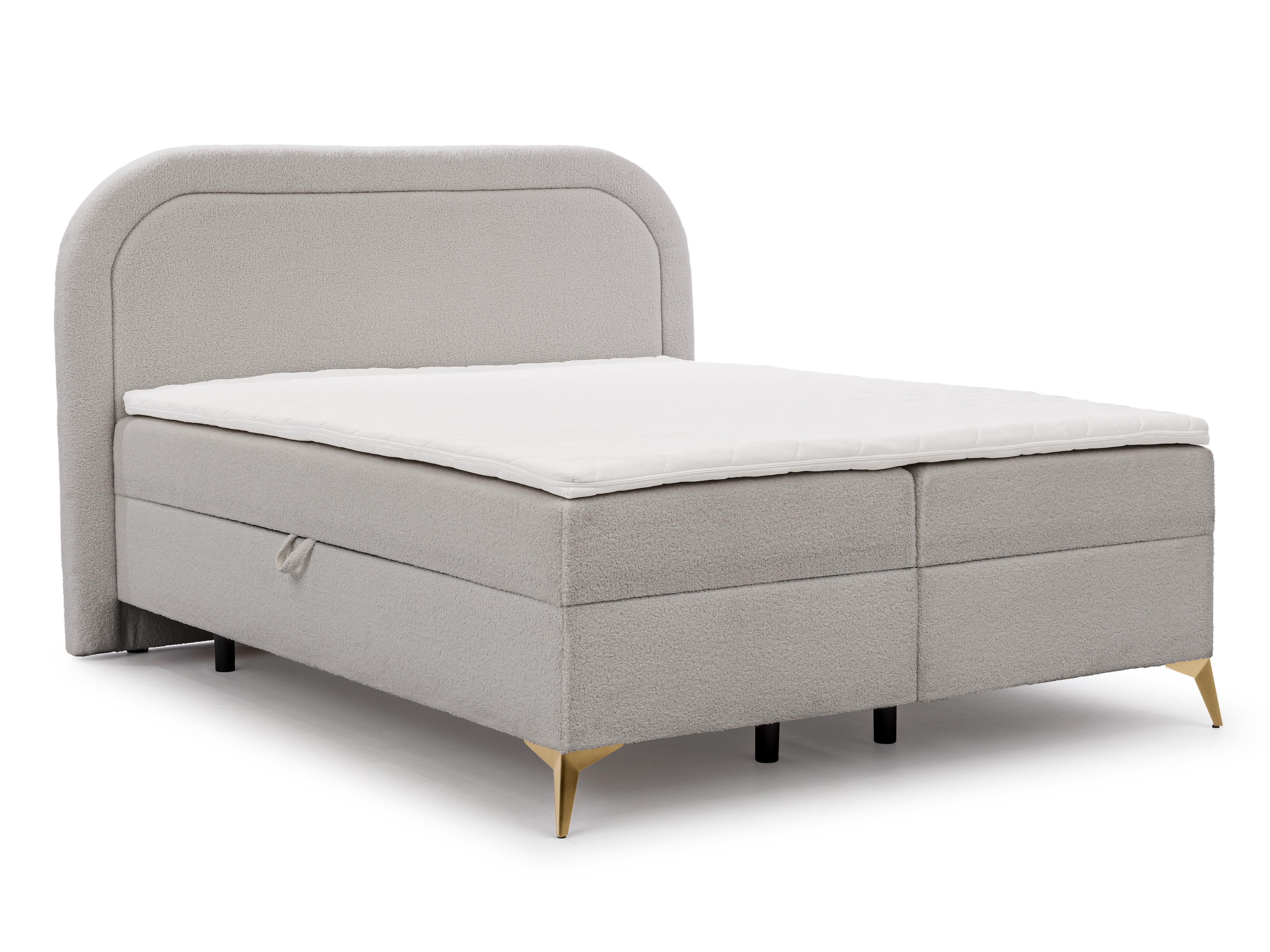 BOXBETT Sonna 180/200 cm Hellgrau Bouclé-Stoff mit abgerundetem Kopfteil und mit goldenen Metallfüßen - Goldfarben/Hellgrau, Holz/Textil (180/200cm) - S-Style Möbel