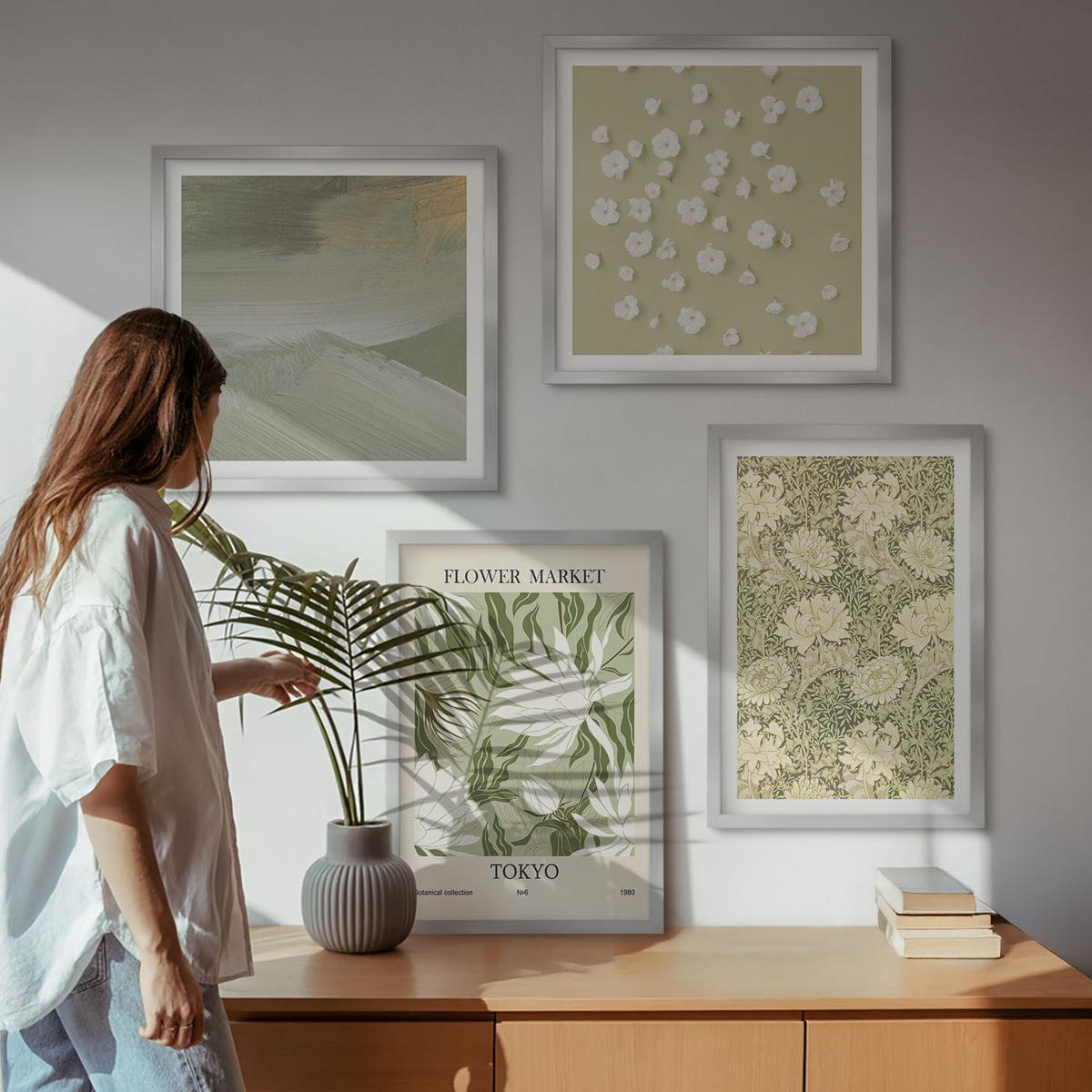 BILDER SET 4er Set - 50x50 cm & 40x60 cm Silberner Rahmen - Florale Abstraktionen im Boho-Stil - Silberfarben, Kunststoff (50/50cm) - TULUP