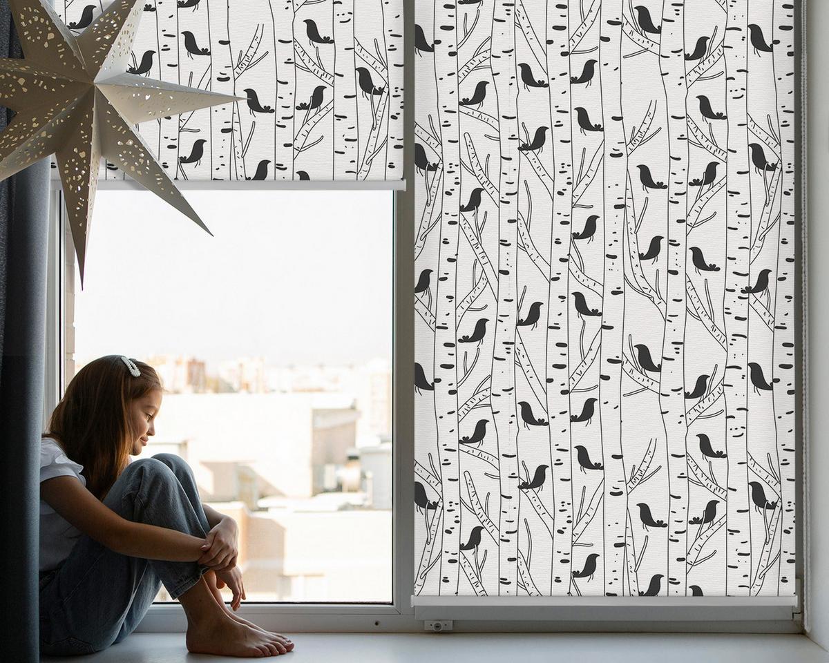 INNENROLLO - Fensterrollo - Rollo - 150x140 cm - Gezeichnete Vögel und Bäume - Schwarz, Kunststoff (150/140/0.5cm) - TULUP