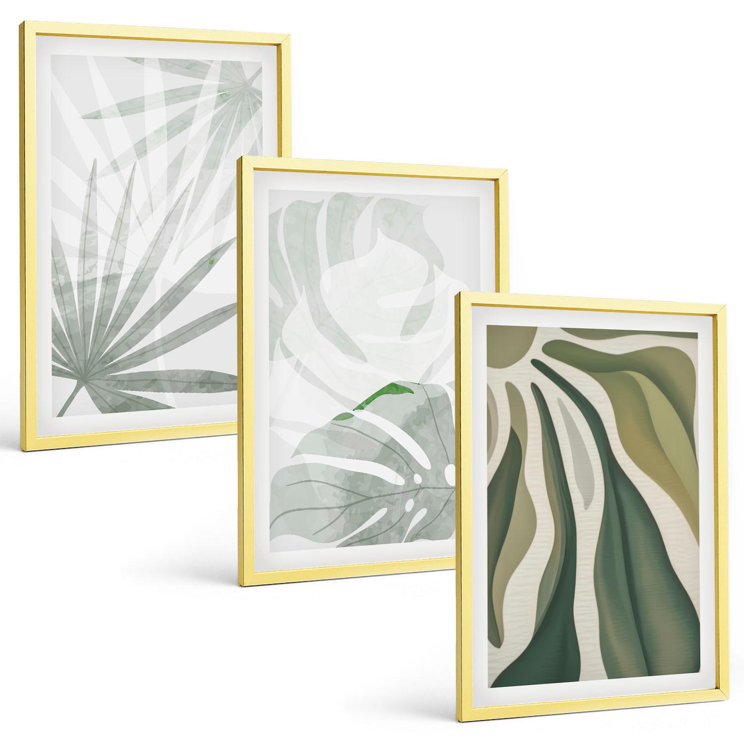 BILDER SET 3er Set - 40x60 cm Goldrahmen - Blätter von Pflanzen in Grün und Grau - Goldfarben, Kunststoff (40/60cm) - TULUP