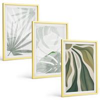 BILDER SET 3er Set - 40x60 cm Goldrahmen - Blätter von Pflanzen in Grün und Grau - Goldfarben, Kunststoff (40/60cm) - TULUP