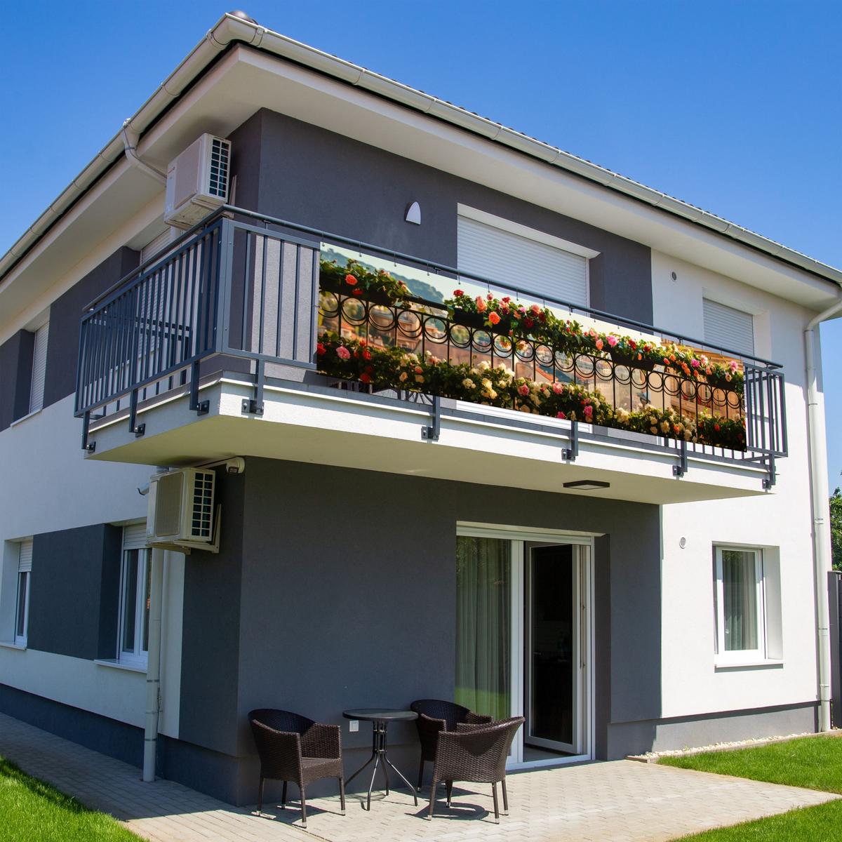 BALKON-SICHTSCHUTZ Blumen - Zaun - Stadtbild - Sommer Deko XXL 500x130 cm - Pink, Kunststoff (500/130cm) - MuchoWow