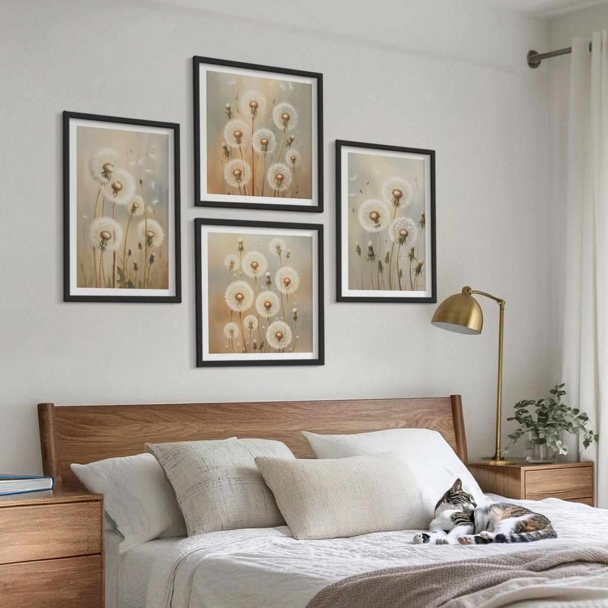 BILDER SET 4er Set - 50x50 cm & 40x60 cm Schwarzer Rahmen - Weiße Löwenzahnblüten auf hellem Hintergrund - Schwarz, Kunststoff (50/50cm) - TULUP