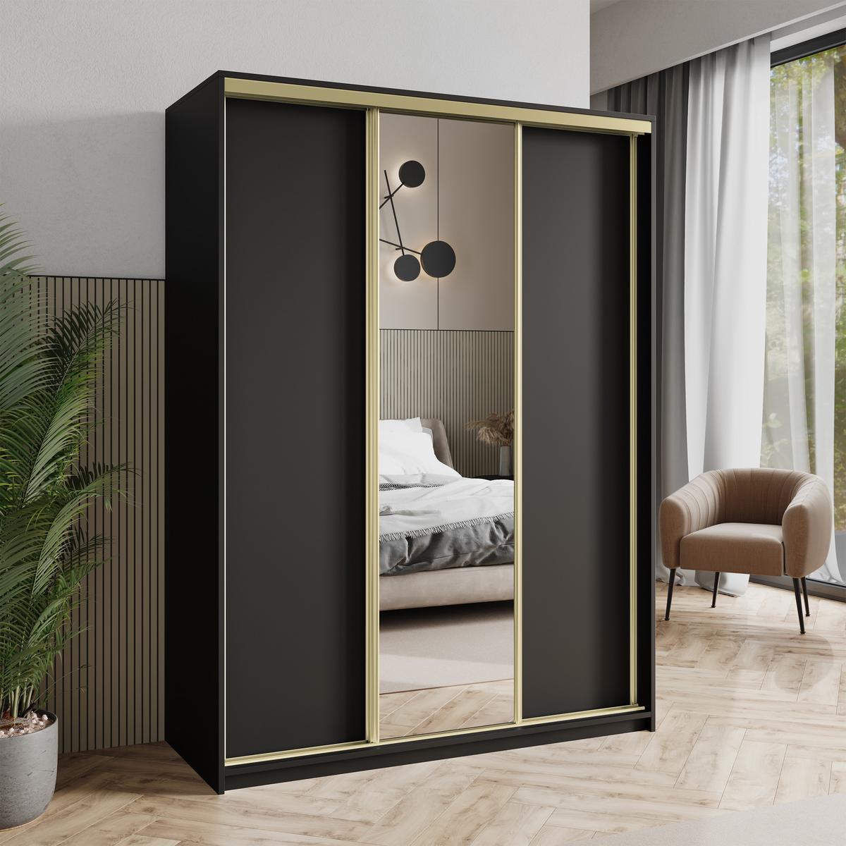 SCHWEBETÜRENSCHRANK TAVI 150/205/60 cm 3-türig mit Spiegel Schwarz - Schwarz, Holzwerkstoff (150/205/60cm) - MASSENO