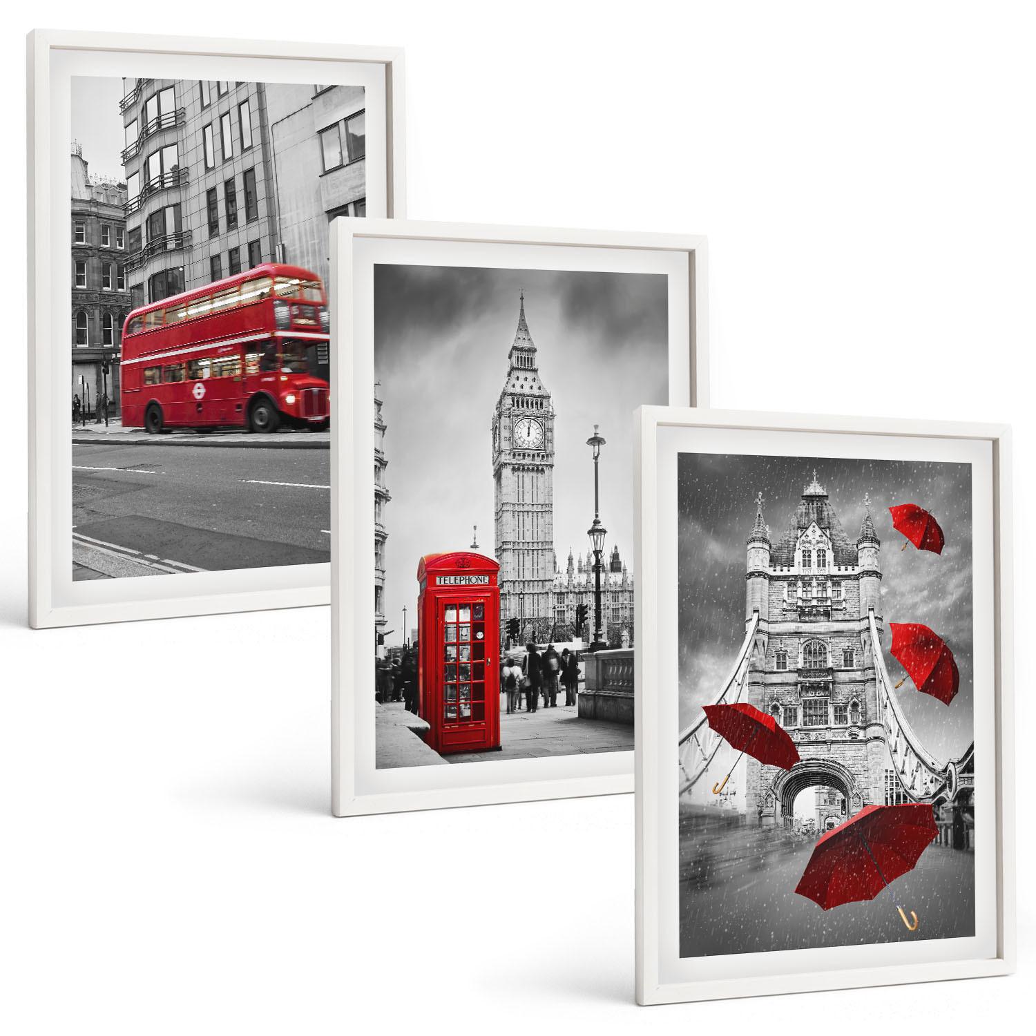 BILDER SET 3er Set - 40x60 cm Weißer Rahmen - Red Accents London - Weiß, Kunststoff (40/60cm) - TULUP