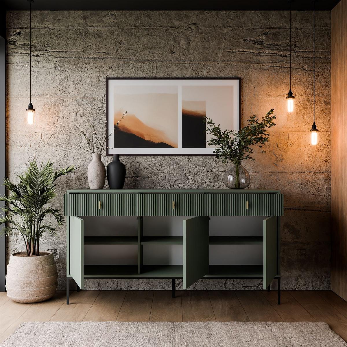 SIDEBOARD MIDNIGHT 3D3S mit drei Schubladen auf Gestell grün - Schwarz/Grün, Holzwerkstoff (154.5/82.5/39cm) - Lookway