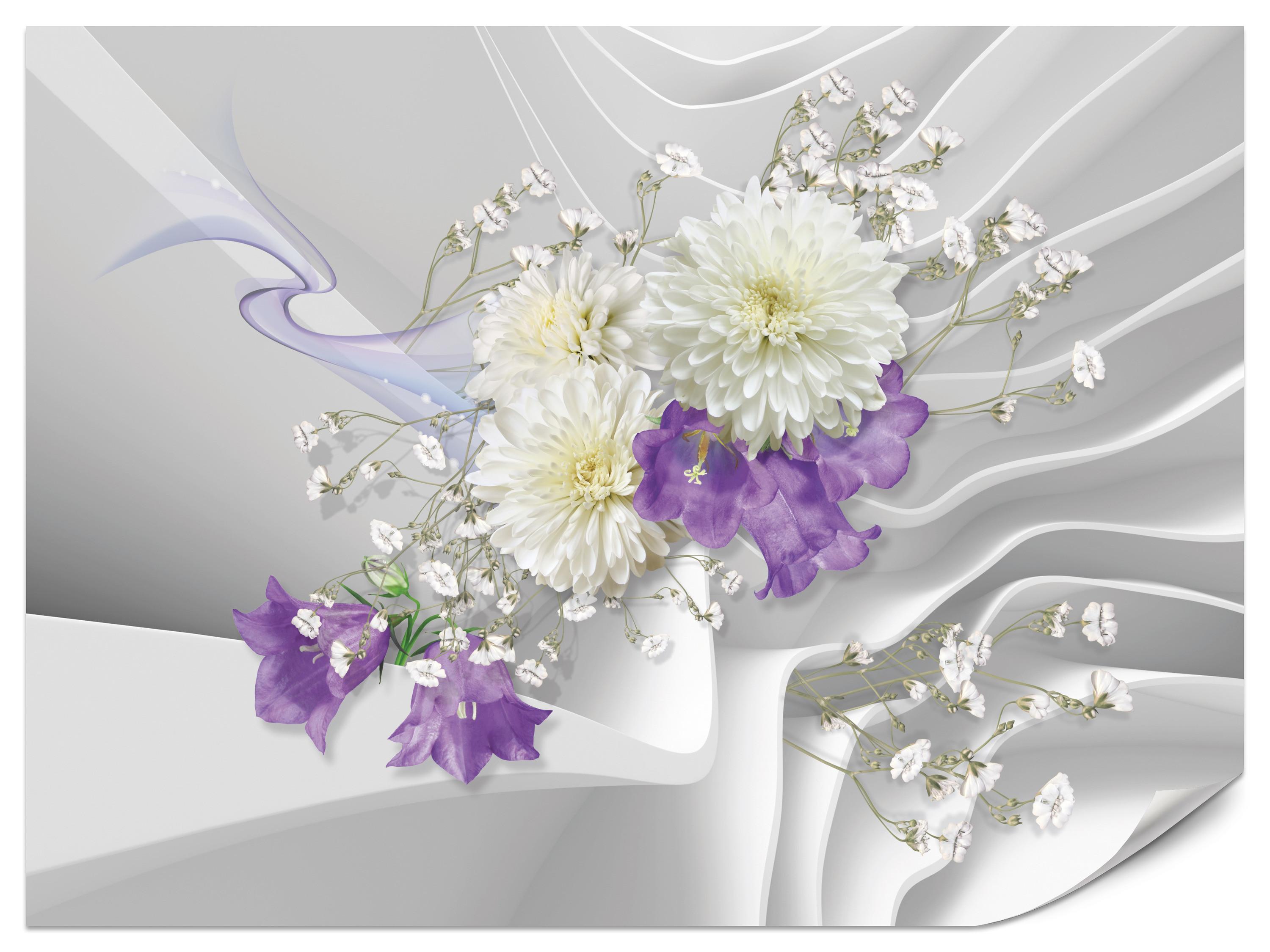 FOTOTAPETE für Wohnzimmer BLUMEN Abstraktes Welliges Raumhintergrund 350x256 - Violett/Weiß, Papier (350/256cm) - Muralo