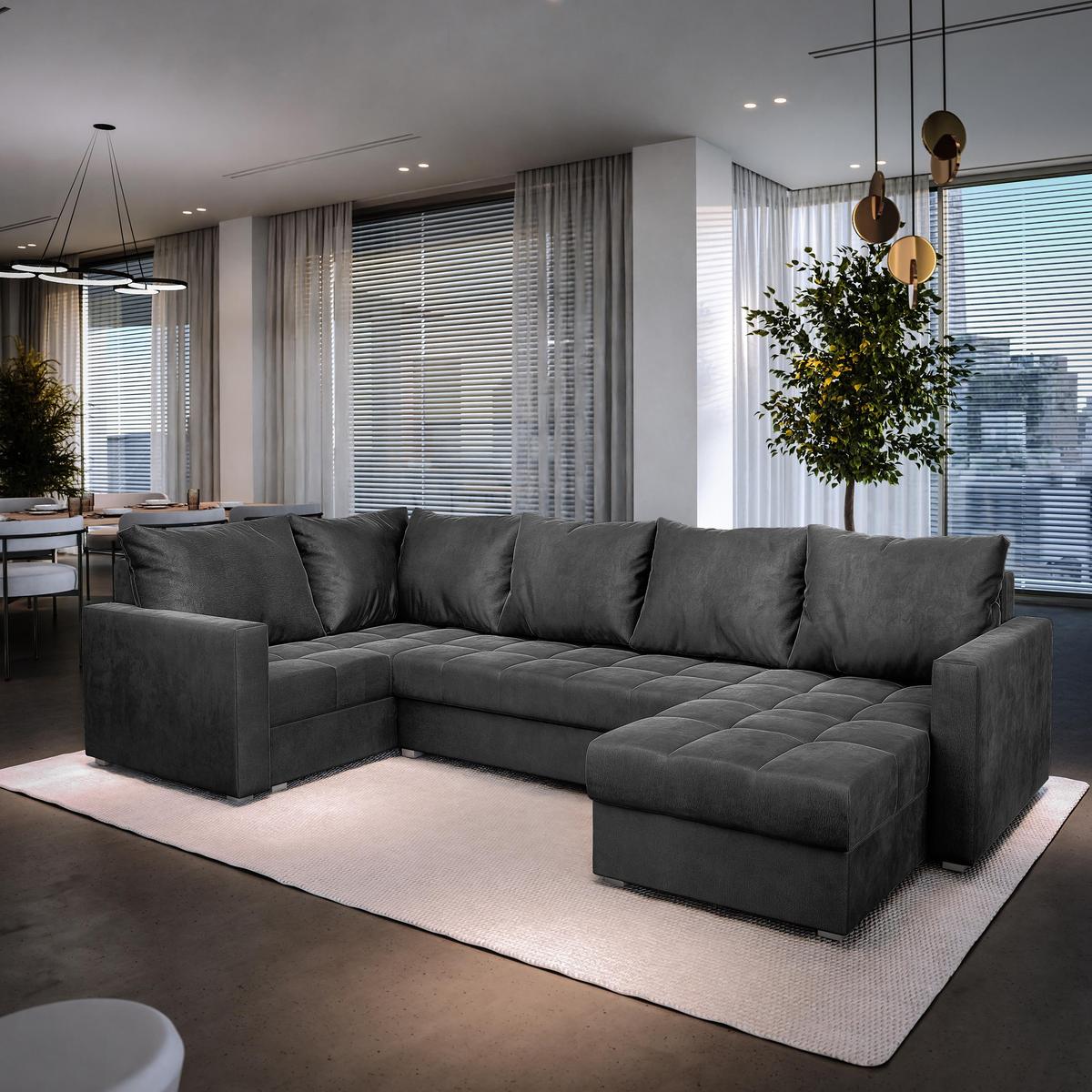 WOHNLANDSCHAFT LORIVO L-S Grau Plüsch-Stoff mit Schlaffunktion - Grau, Holz/Kunststoff (285/85/150cm) - MASSENO