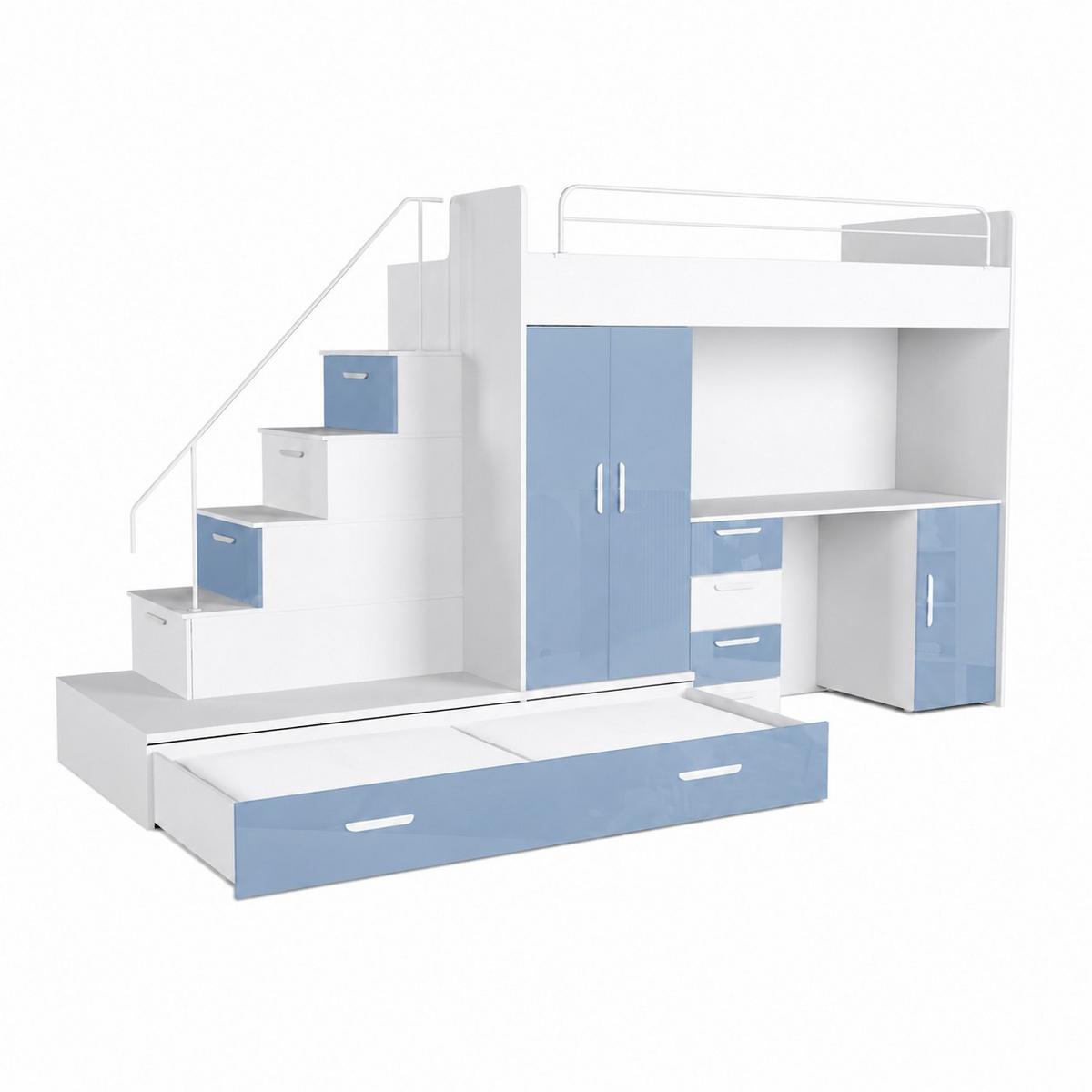 KINDERZIMMER Set RAJ 5, Hochglanz mit Hochbett, Schrank und Schreibtisch - Weiß/Hellblau, Holzwerkstoff (320/180/86cm) - Lookway