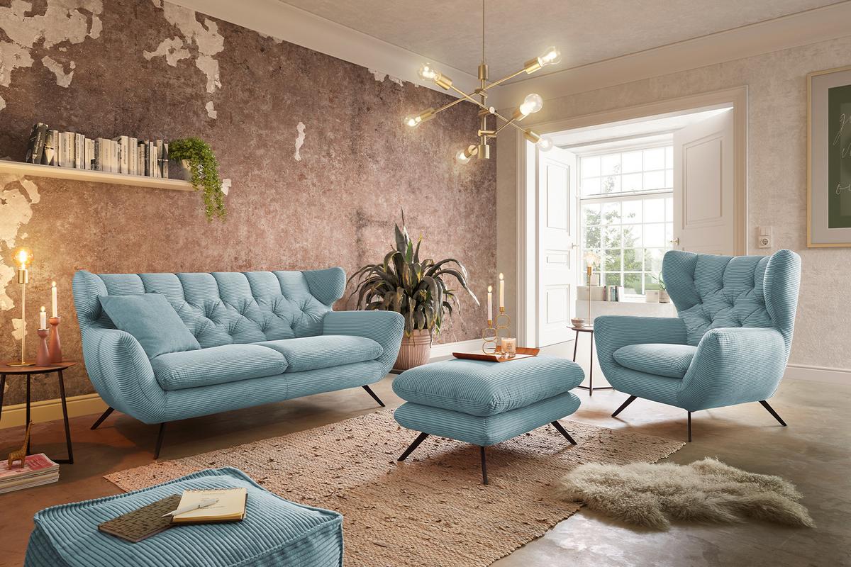 SITZGRUPPE CHARME Hellblau Cord - Hellblau, Textil (200/94/95cm) - KAWOLA