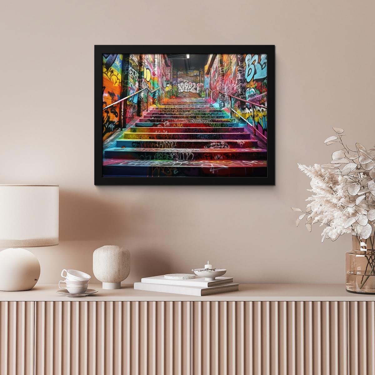 POSTER MIT RAHMENGERAHMTES BILD Treppe - Graffiti - Farben - Kunst 40x30 cm - Multicolor, Papier (40/30cm) - MuchoWow