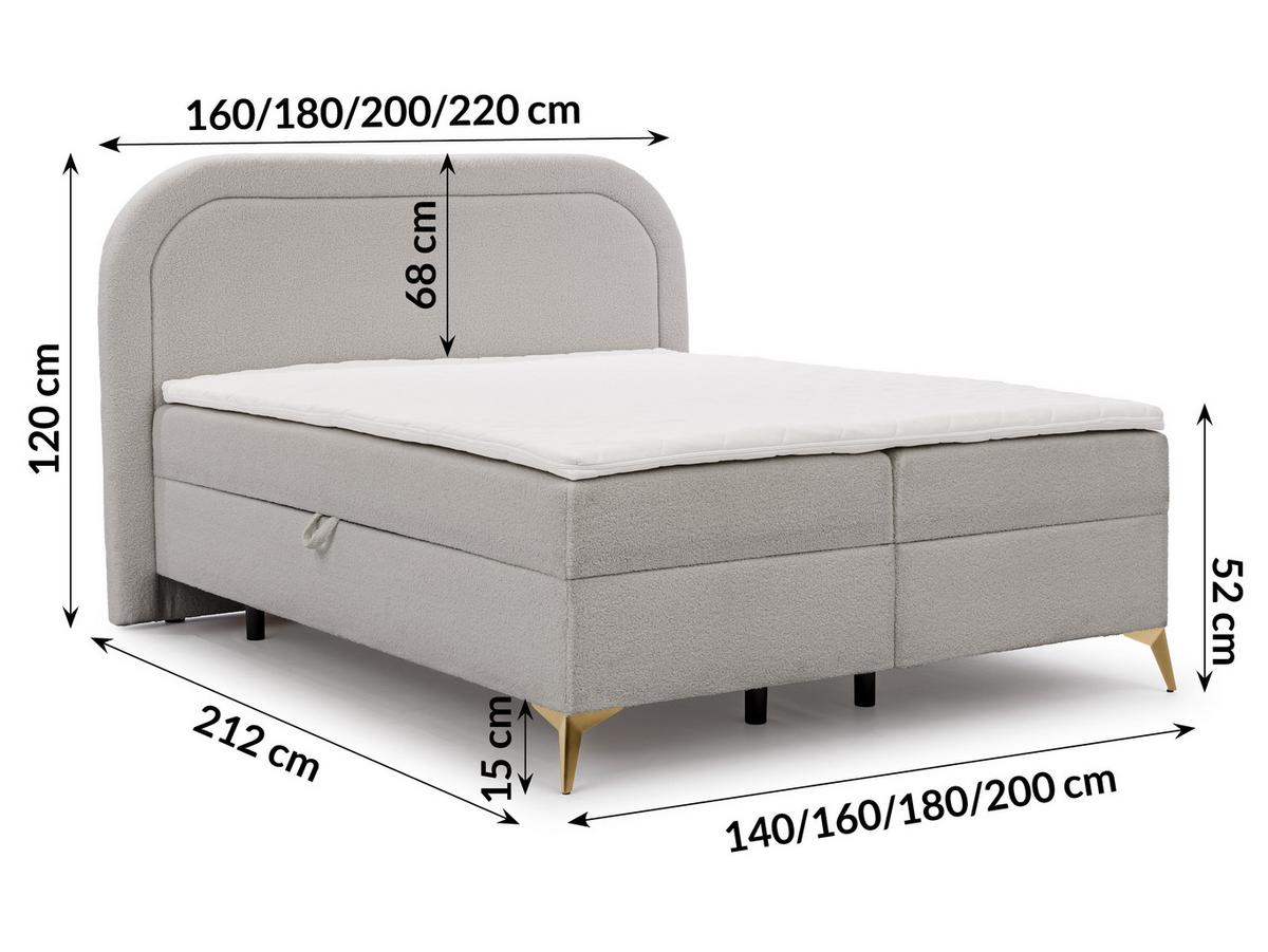 BOXBETT Sonna 180/200 cm Hellgrau Bouclé-Stoff mit abgerundetem Kopfteil und mit goldenen Metallfüßen - Goldfarben/Hellgrau, Holz/Textil (180/200cm) - S-Style Möbel