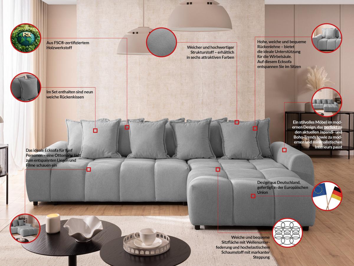 ECKSOFA Bubble mit losen Rückenkissen und Sitzfläche in Bubble-Optik aus weichem Grau Strukturstoff mit schöner Sitzkomfort - Ottomane rechts - Schwarz/Grau, Holz/Kunststoff (306/180cm) - S-Style Möbel