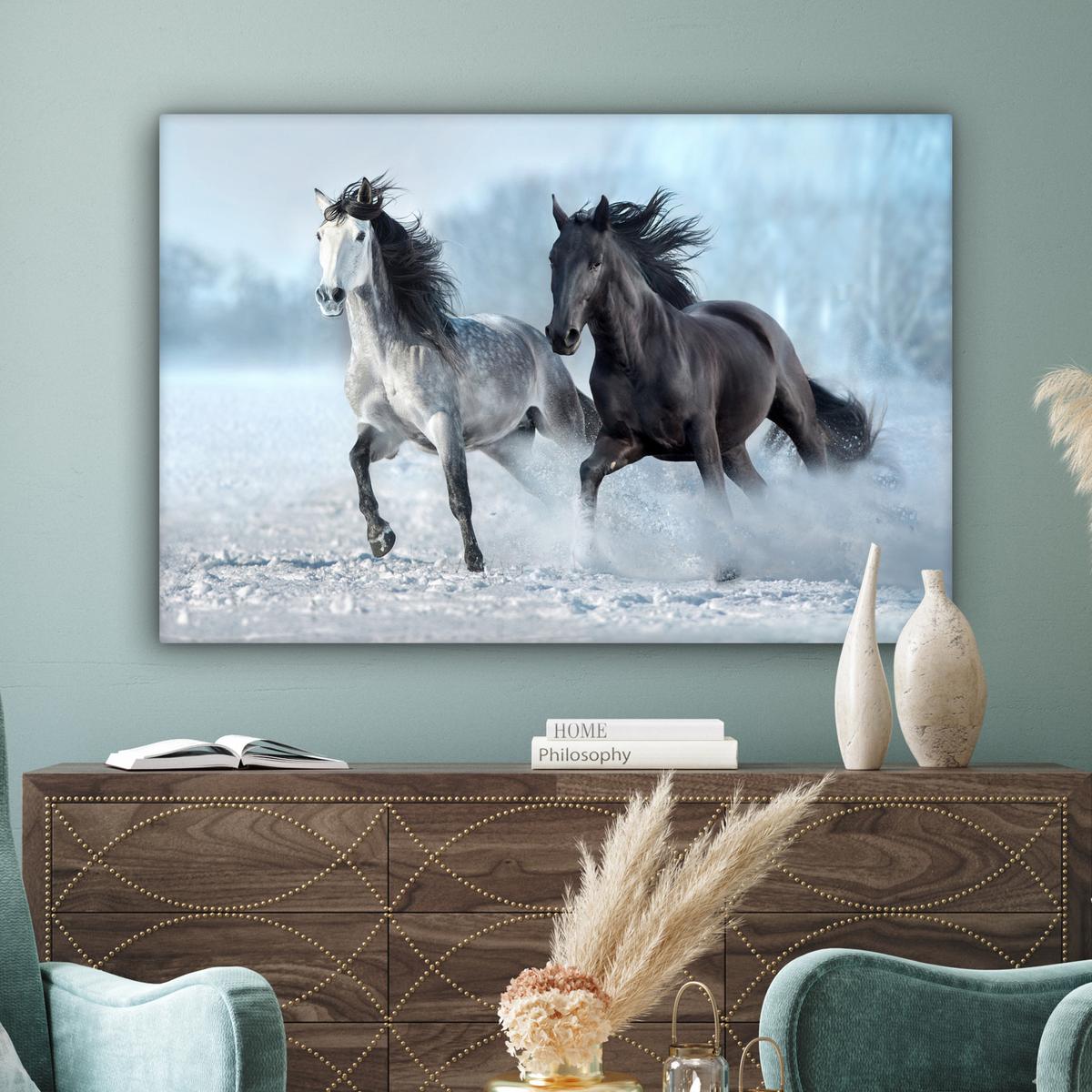 LEINWANDBILD Pferde - Winter - Tiere - Natur - Schnee Groß 140x90 cm - Anthrazit, Textil (140/90cm) - MuchoWow
