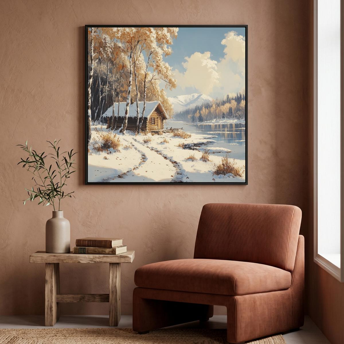 LEINWAND Bilder mit Rahmen - Winter - Schnee - Zuhause - Natur - 90x90 - Hellbraun, Textil (90/90cm) - MuchoWow