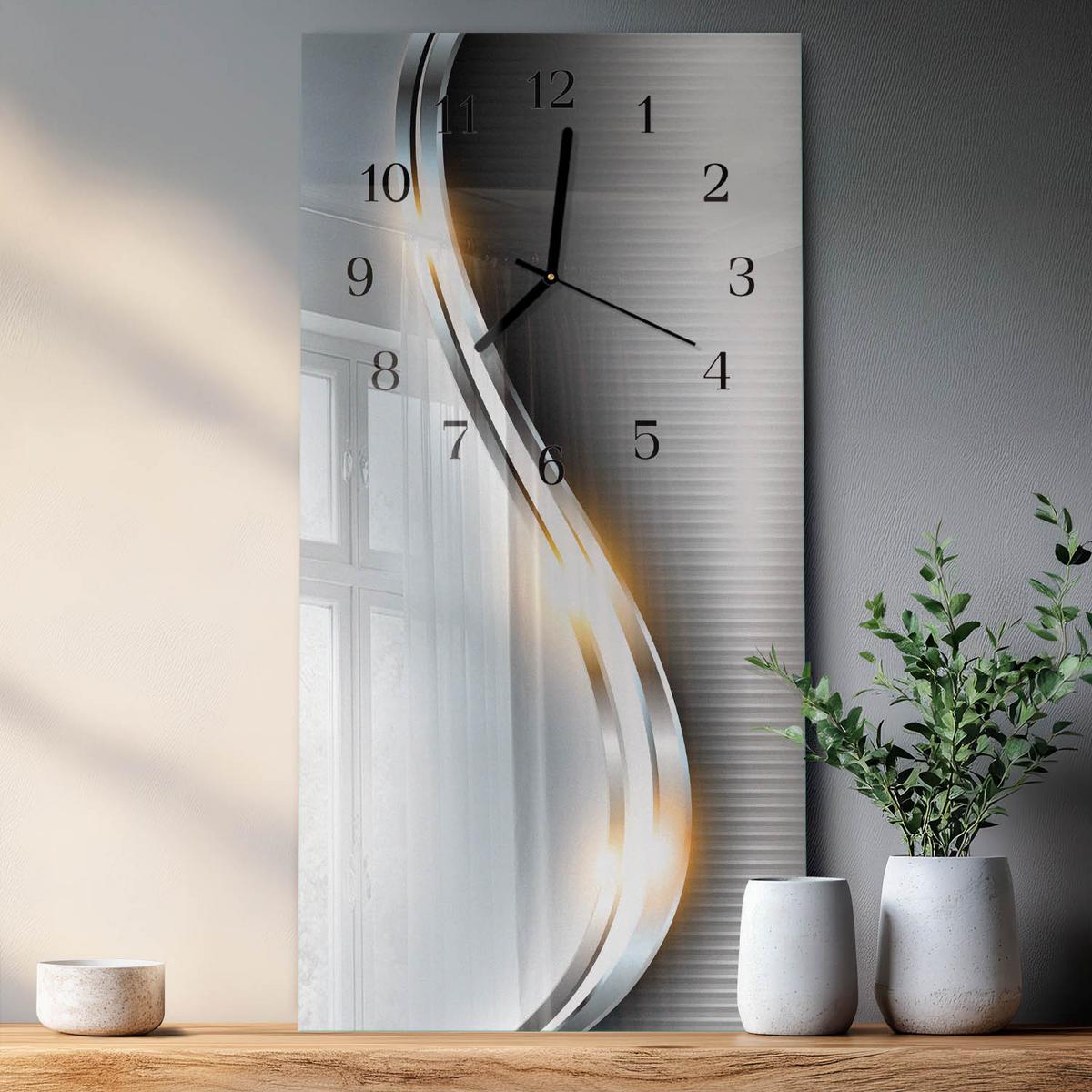 WANDUHR aus Glas 30x60 cm - Metallabstraktion - Silberfarben, Glas (30/60/0.4cm) - TULUP