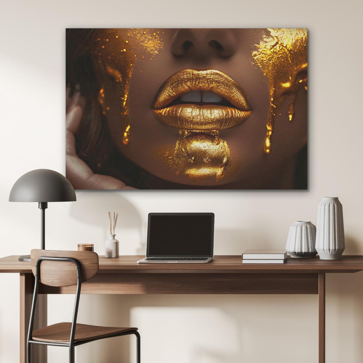 AKUSTIKBILD Frau - Gold - Luxus - Porträt Wandbild Wohnzimmer 100x70 cm - Goldfarben, Kunststoff (100/70/0.9cm) - MuchoWow
