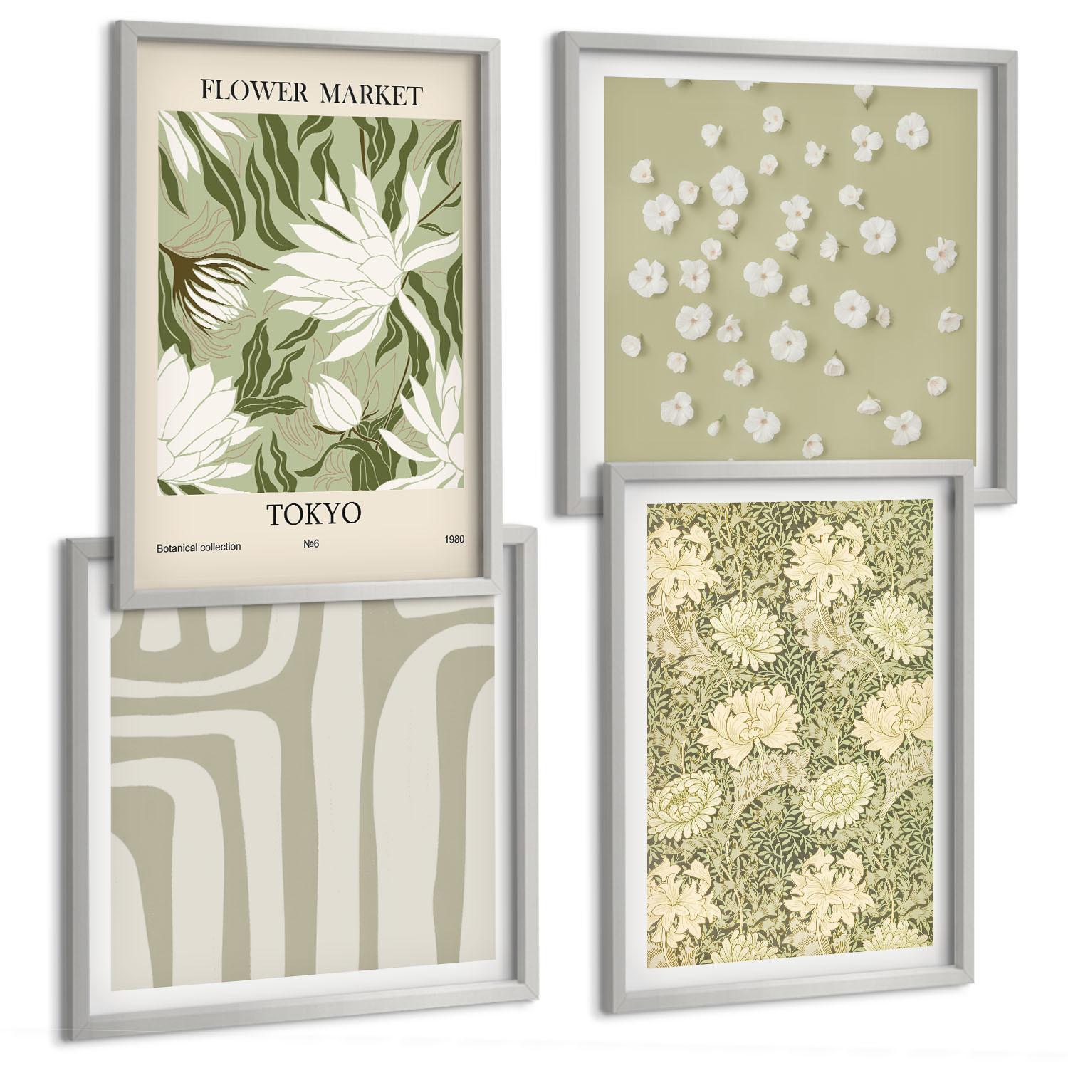 BILDER SET 4er Set - 50x50 cm & 40x60 cm Silberner Rahmen - Boho-Pflanzenkompositionen in Pastellfarben - Silberfarben, Kunststoff (50/50cm) - TULUP