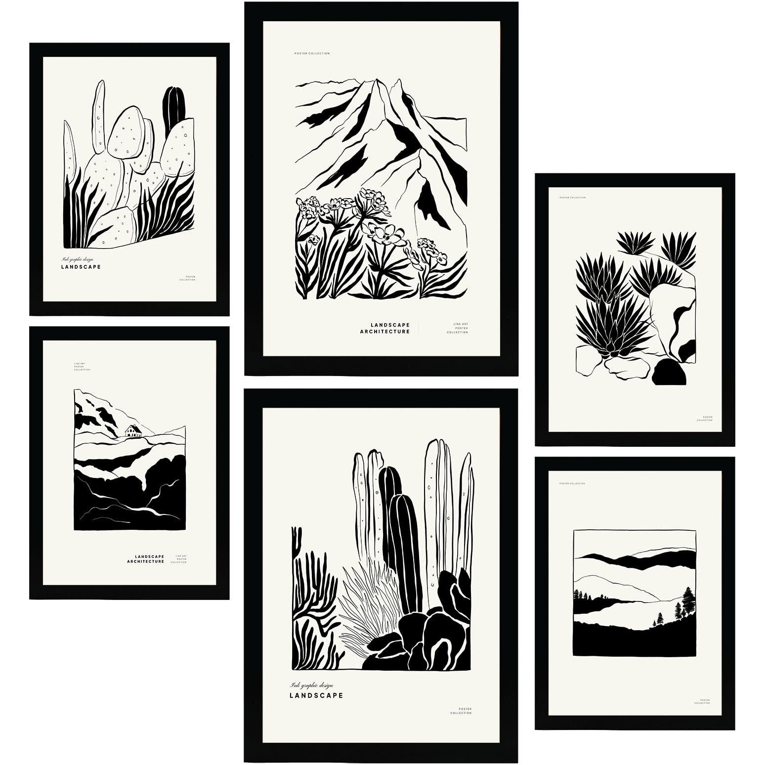 POSTER Set Mit 6 In Schwarzer Tinte Ecken Künstlerische Und Abstrakte Drucke Für Innenarchitektur A3 & A4 Schwarzer Rahmen - Schwarz, Papier (29/3cm) - Nacnic