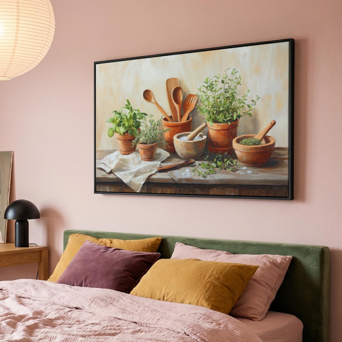 LEINWAND Bilder mit Rahmen - Töpfe - Kräuter - Holz - 140x90 - Terracotta, Textil (140/90cm) - MuchoWow