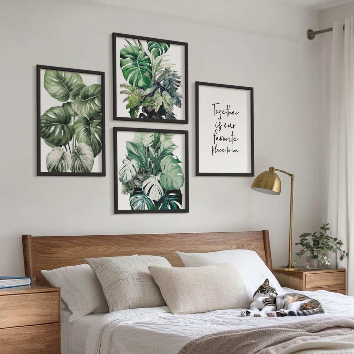 BILDER SET 4er Set - 50x50 cm & 40x60 cm Schwarzer Rahmen - Dekoration aus grünen tropischen Blättern - Schwarz, Kunststoff (50/50cm) - TULUP