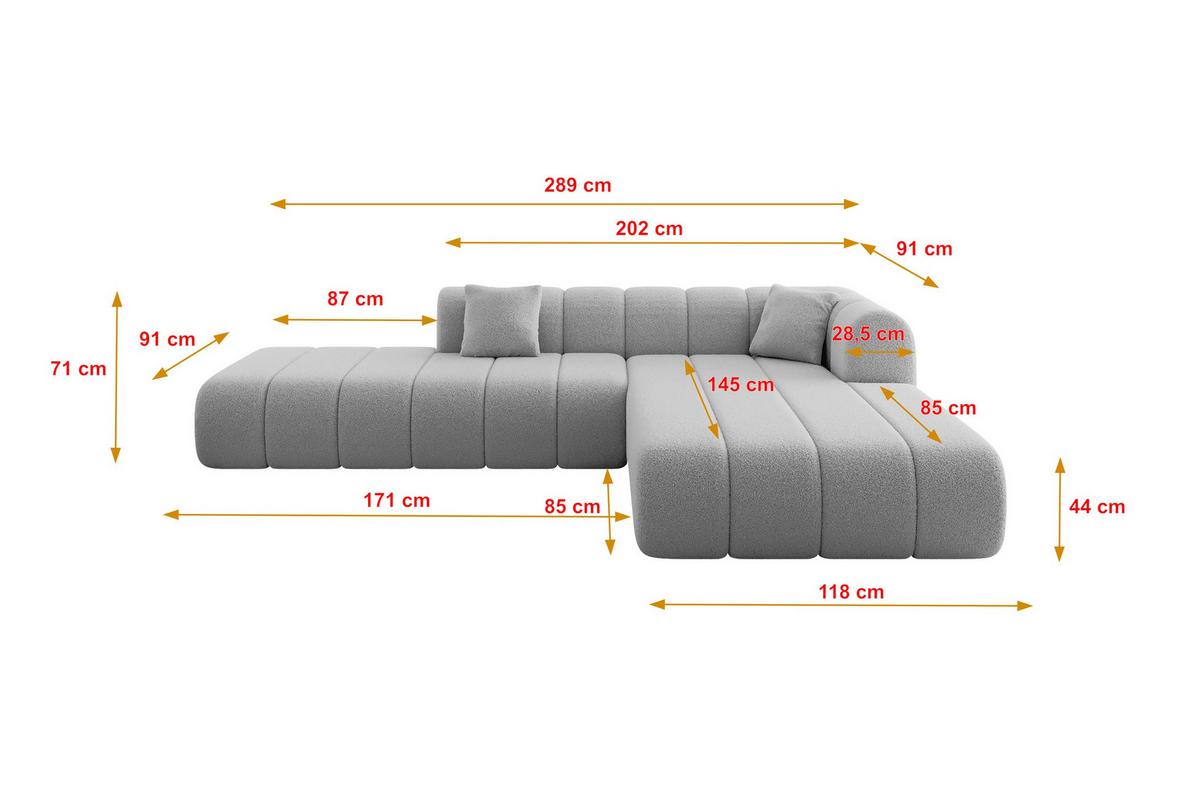 ECKSOFA Ottomane Rechts BILA-L 289x176x71 Grau Bouclé - Schieferfarben/Schwarz, Holzwerkstoff/Kunststoff (289/176cm) - ALTDECOR