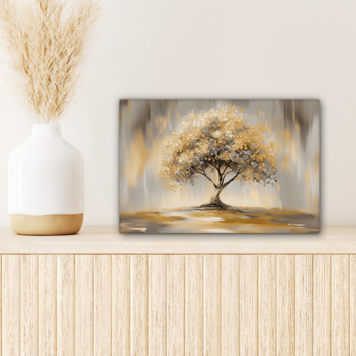 LEINWANDBILD Gemälde - Baum - Abstrakt - Blätter Deko Schlafzimmer 30x20 cm - Beige, Textil (30/20cm) - MuchoWow