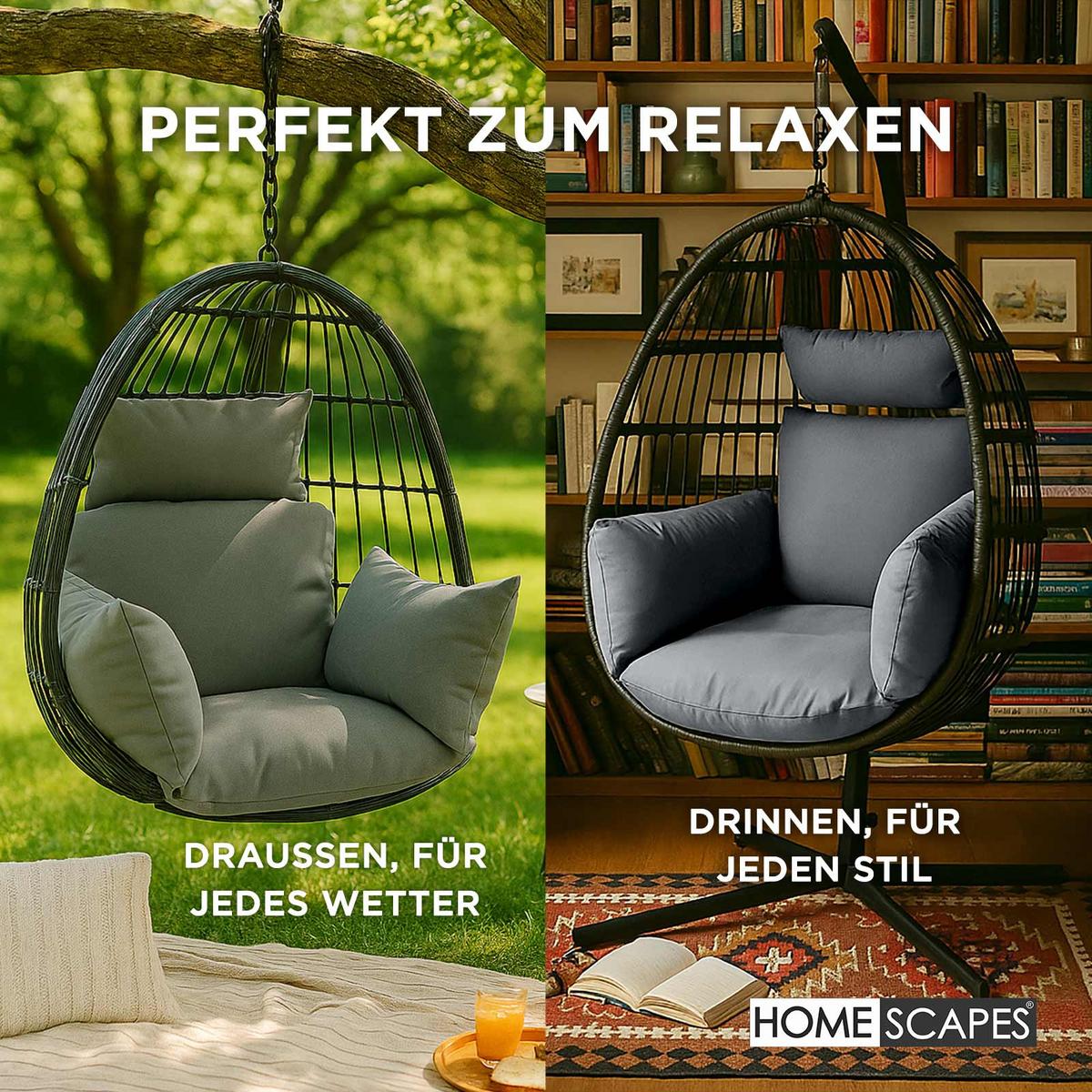 HÄNGESESSEL-KISSEN wetterfest mit Kopfstütze - Grau, Textil (110/15/112cm) - Homescapes