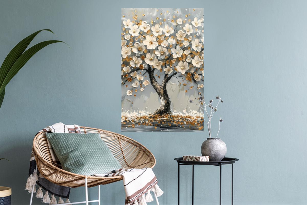 WANDTATTOO Baum - Blumen - Weiß - Natur - Kunst Wandbild 40x60 cm - Weiß, Kunststoff (40/60/0.1cm) - MuchoWow