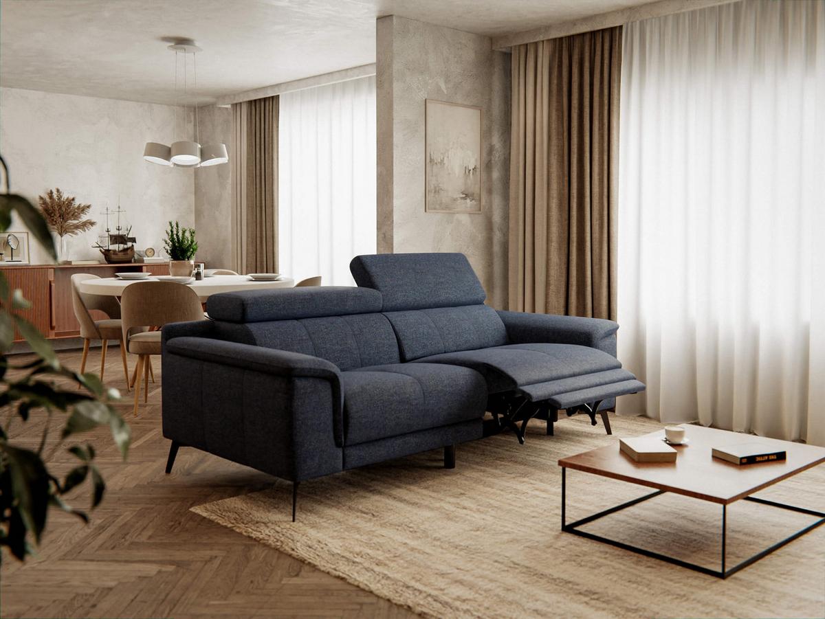 RELAXSOFA FIERO 3-Sitzer mit 1 Relaxfunktion, dunkelblau - Schwarz/Dunkelblau, Holzwerkstoff/Textil (212/82/103cm) - Wozimo