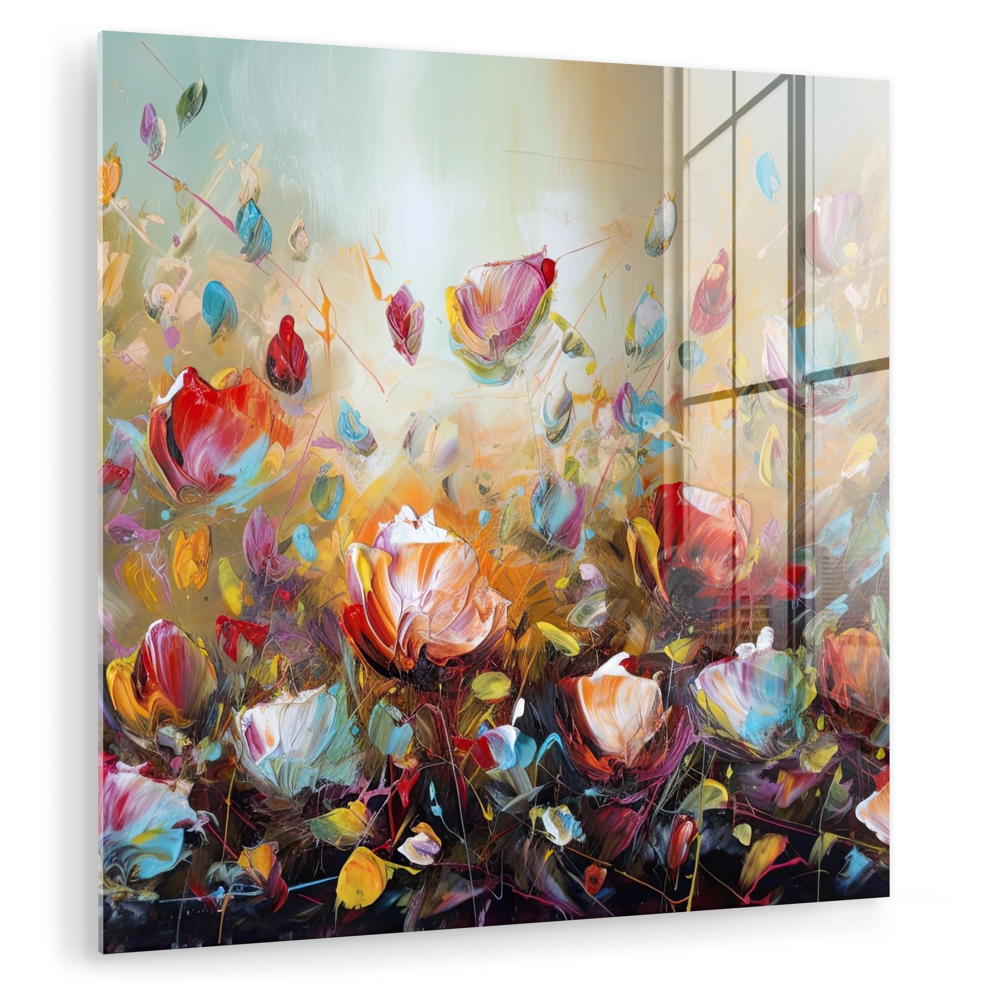 ACRYLGLASBILD Blumen - Kunst - Natur - Ölgemälde 90x90 cm - Multicolor, Glas (90/90cm) - MuchoWow