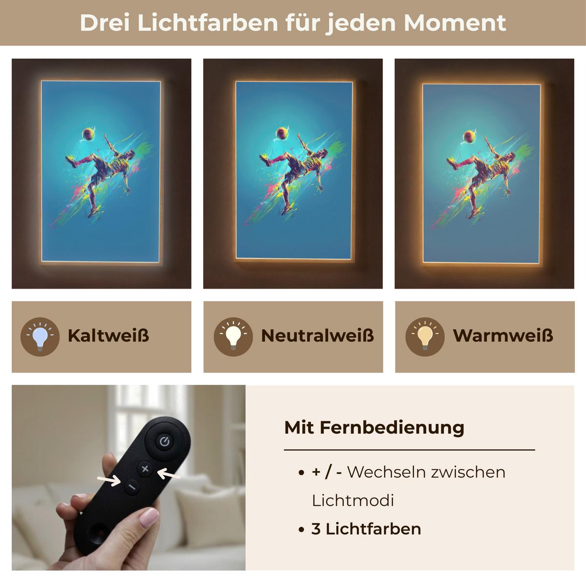 WANDLEUCHTE MIT AKKU Fußballer - Farbspritzer - Farbenfroh - Ball 70x100 cm - Blau, Holzwerkstoff (70/100/8cm) - OnlyWow