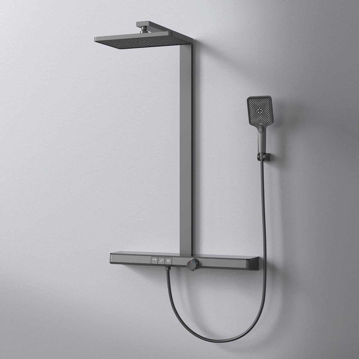 ÜBERKOPFBRAUSESET mit Großer Ablagefläche Brausethermostat Schwarz - Schwarz, Metall (66.5/198.6/71.1cm) - EMKE