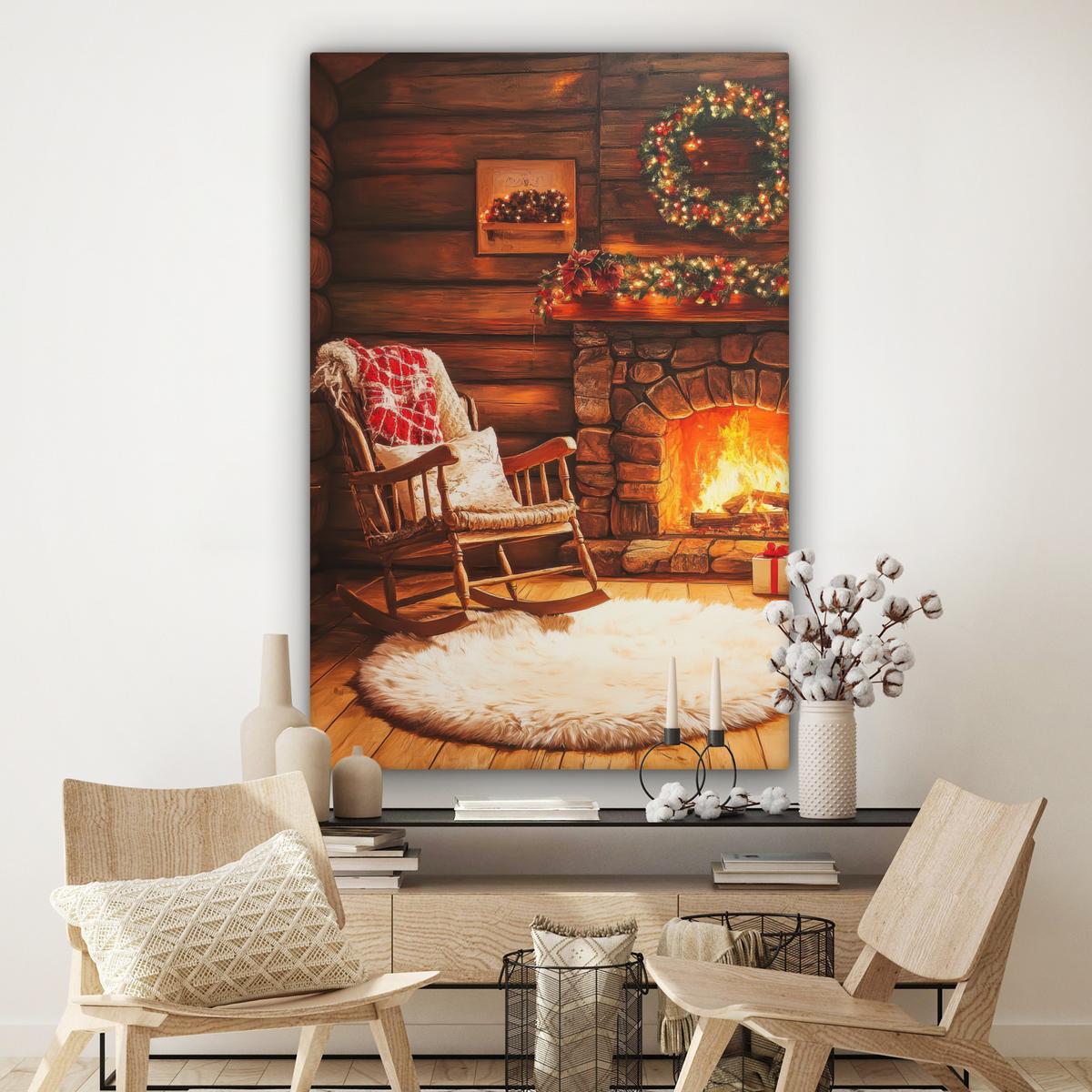 LEINWANDBILD Winter - Weihnachten - Zuhause - Kamin Deko Groß 90x140 cm - Bernsteinfarben, Textil (90/140cm) - MuchoWow